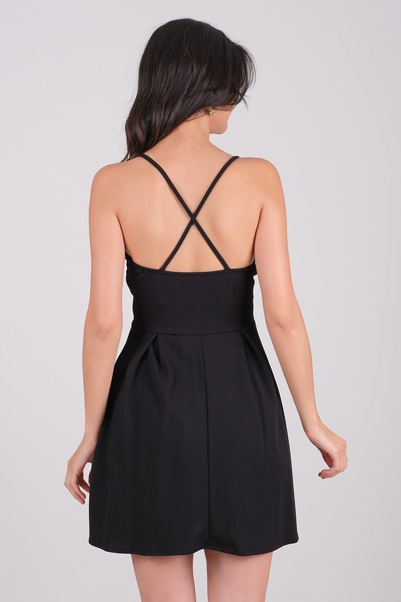 Cavazos İnce Askılı V Yaka Kısa Abiye Elbise SİYAH