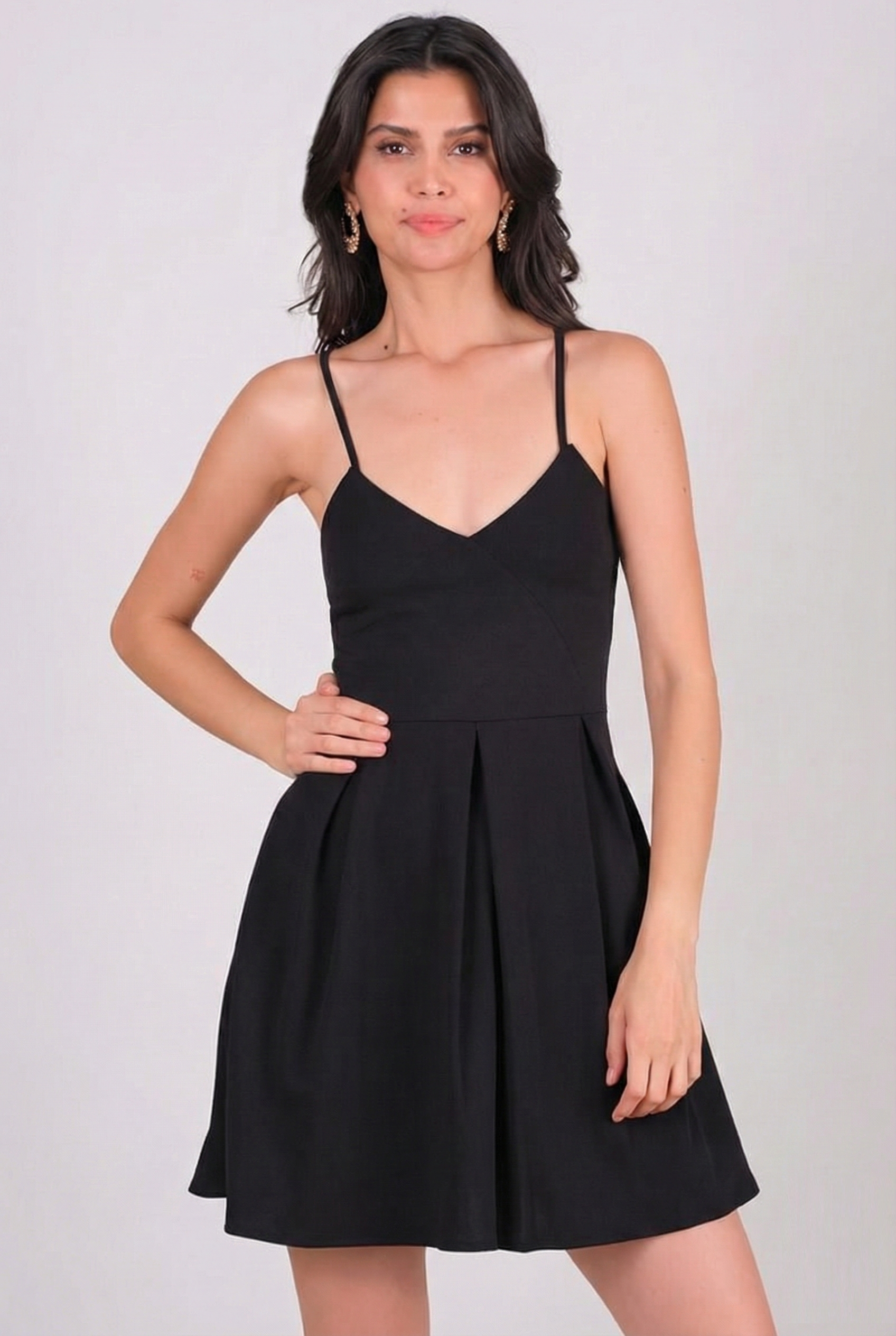 Cavazos İnce Askılı V Yaka Kısa Abiye Elbise SİYAH