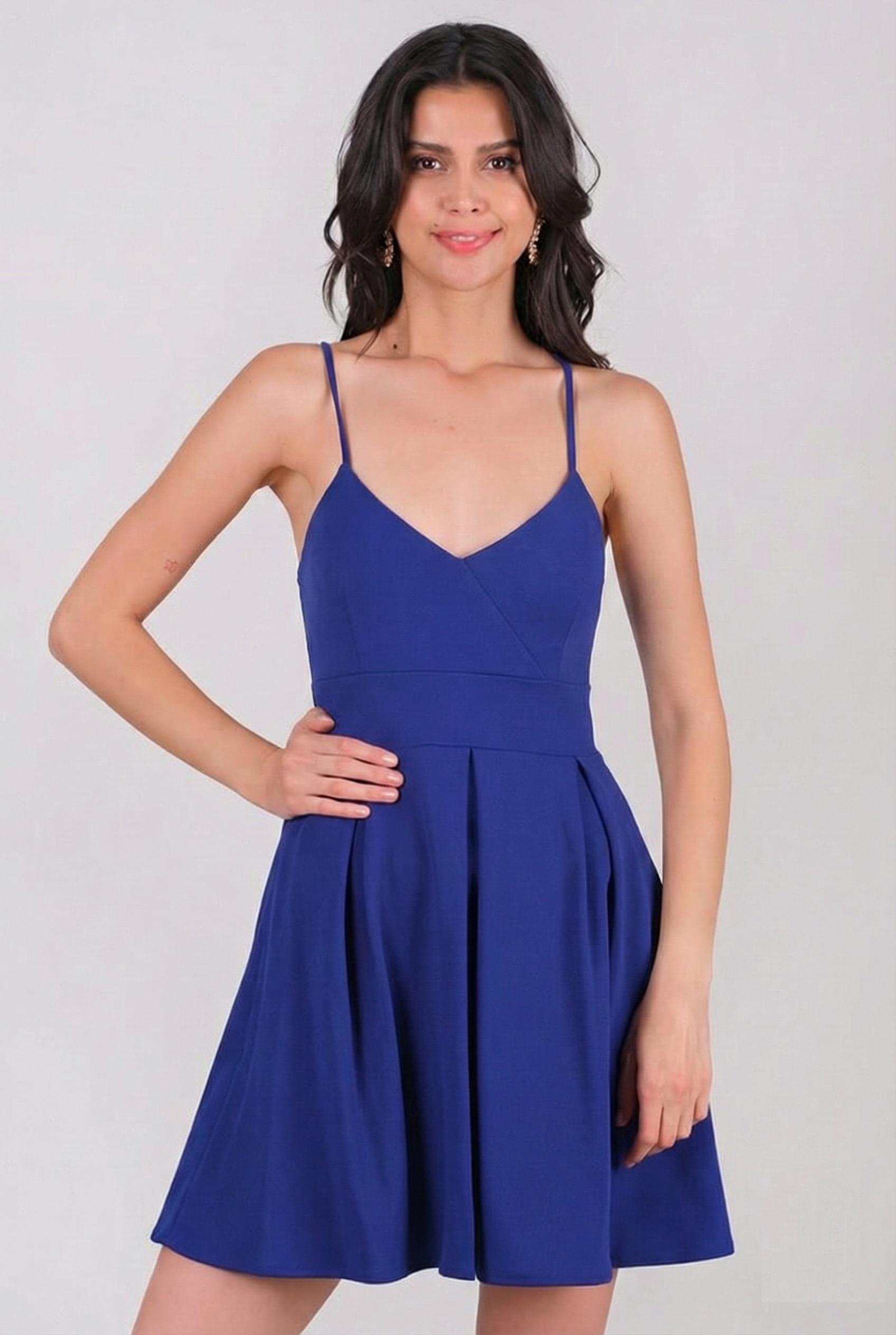 Cavazos İnce Askılı V Yaka Kısa Abiye Elbise SAKS