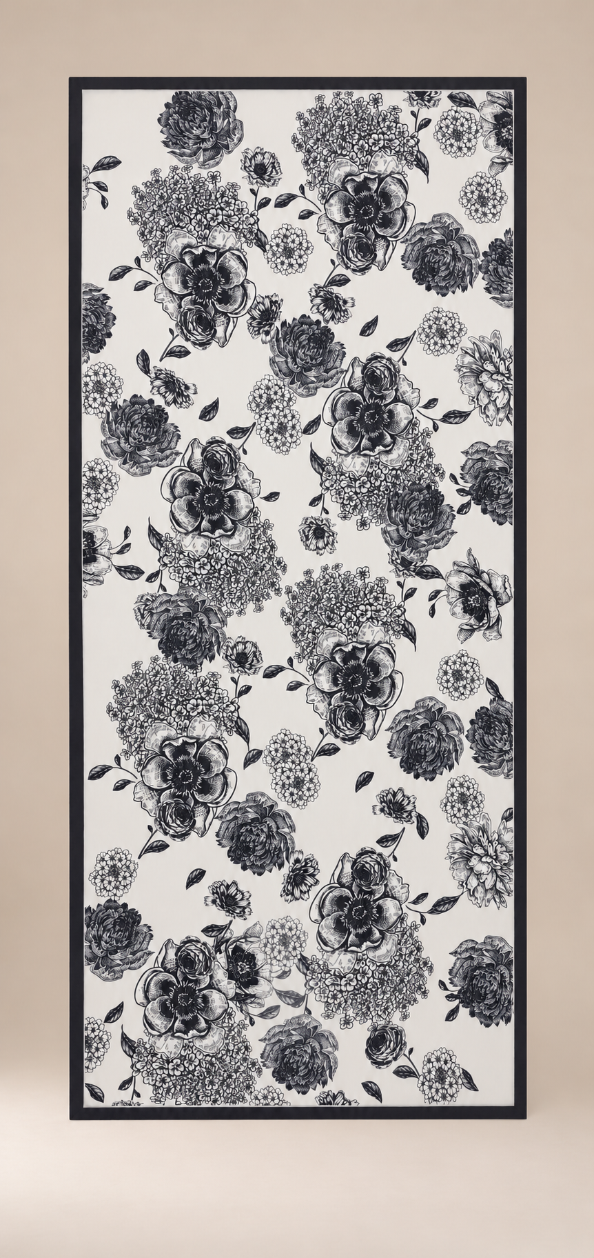 Çiçek Desenli Kenarları Bordürlü Şal 180 x 85 cm SİYAH