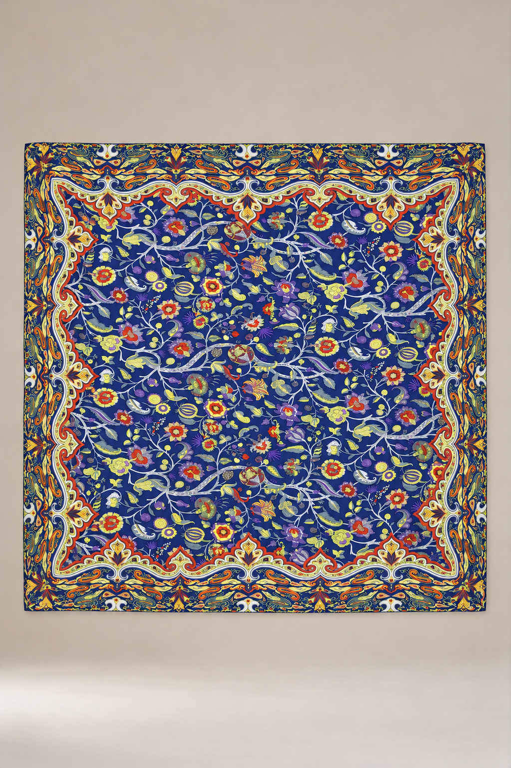Çiçek Motifli Desenli Bordürlü Şal 110 x 110 cm LACİVERT