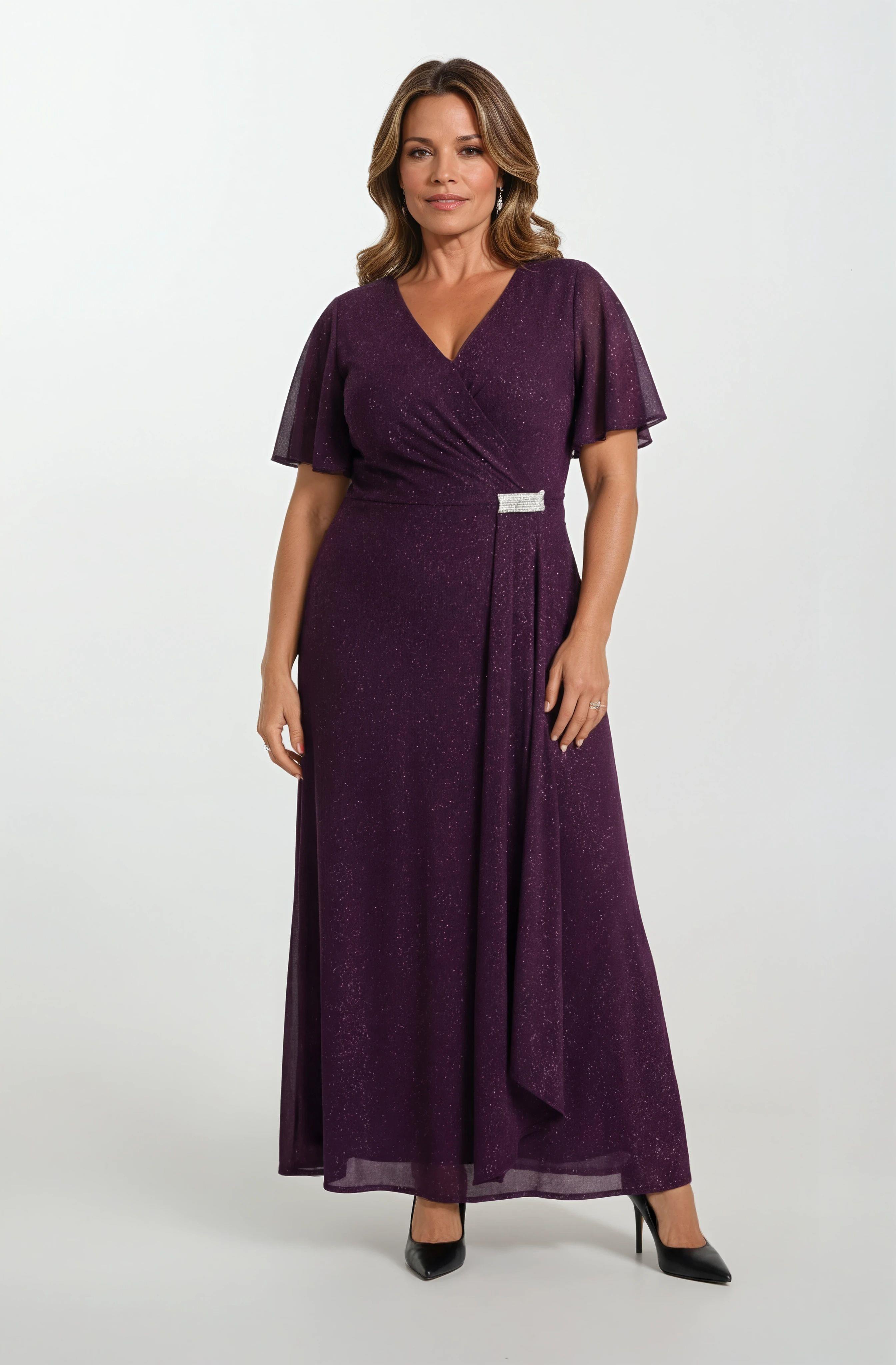 Clarenza V Yaka Aksesuar Detaylı Uzun Abiye Elbise MÜRDÜM