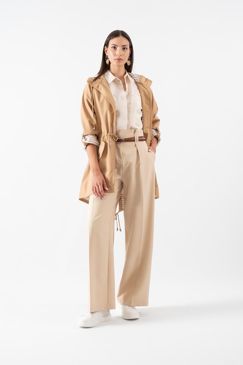 Clemente Kapüşonlu Ayarlanabilir Beli Büzgülü Katlamalı Kol Mont CAMEL