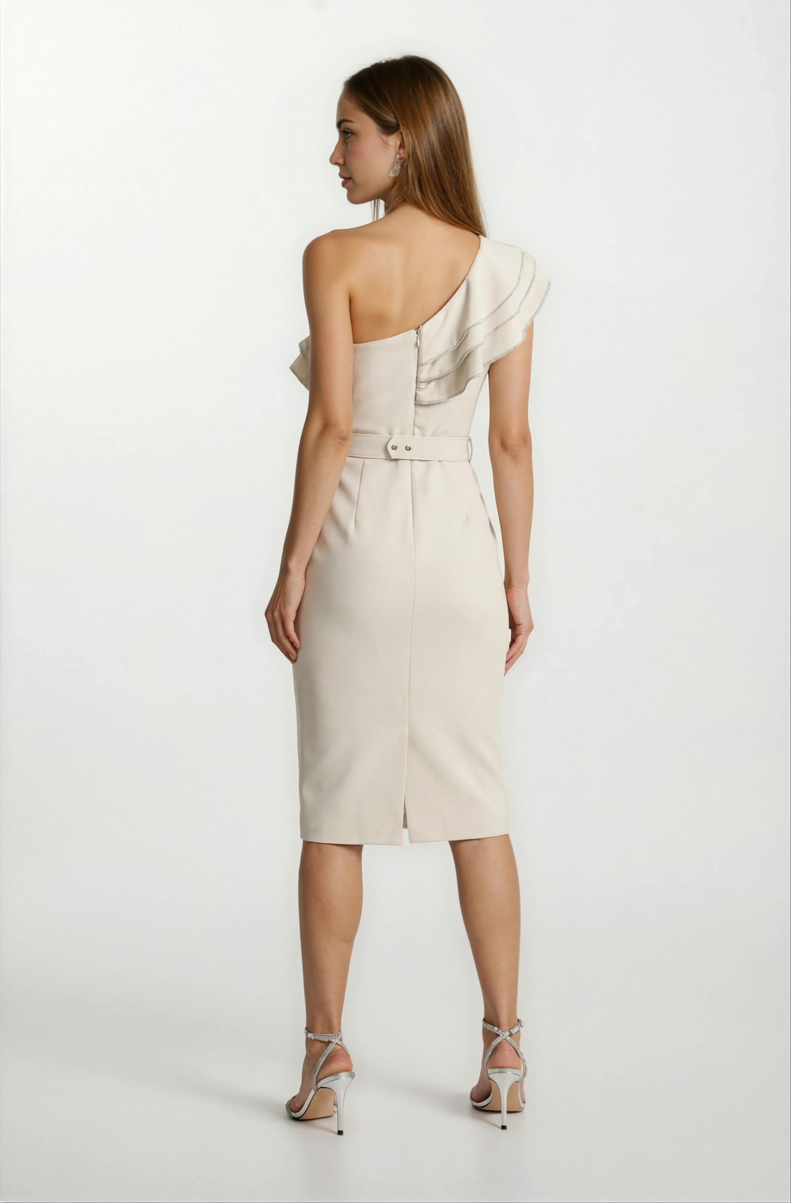 Cleonte Tek Omuz  Fırfırlı Kemerli Kısa Abiye Elbise BEJ