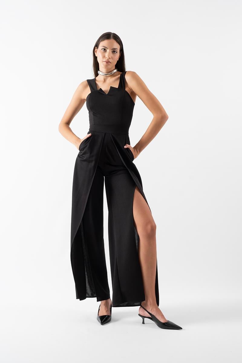 Cleria U Yaka Kalın Askılı Yırtmaçlı Abiye Tulum SİYAH