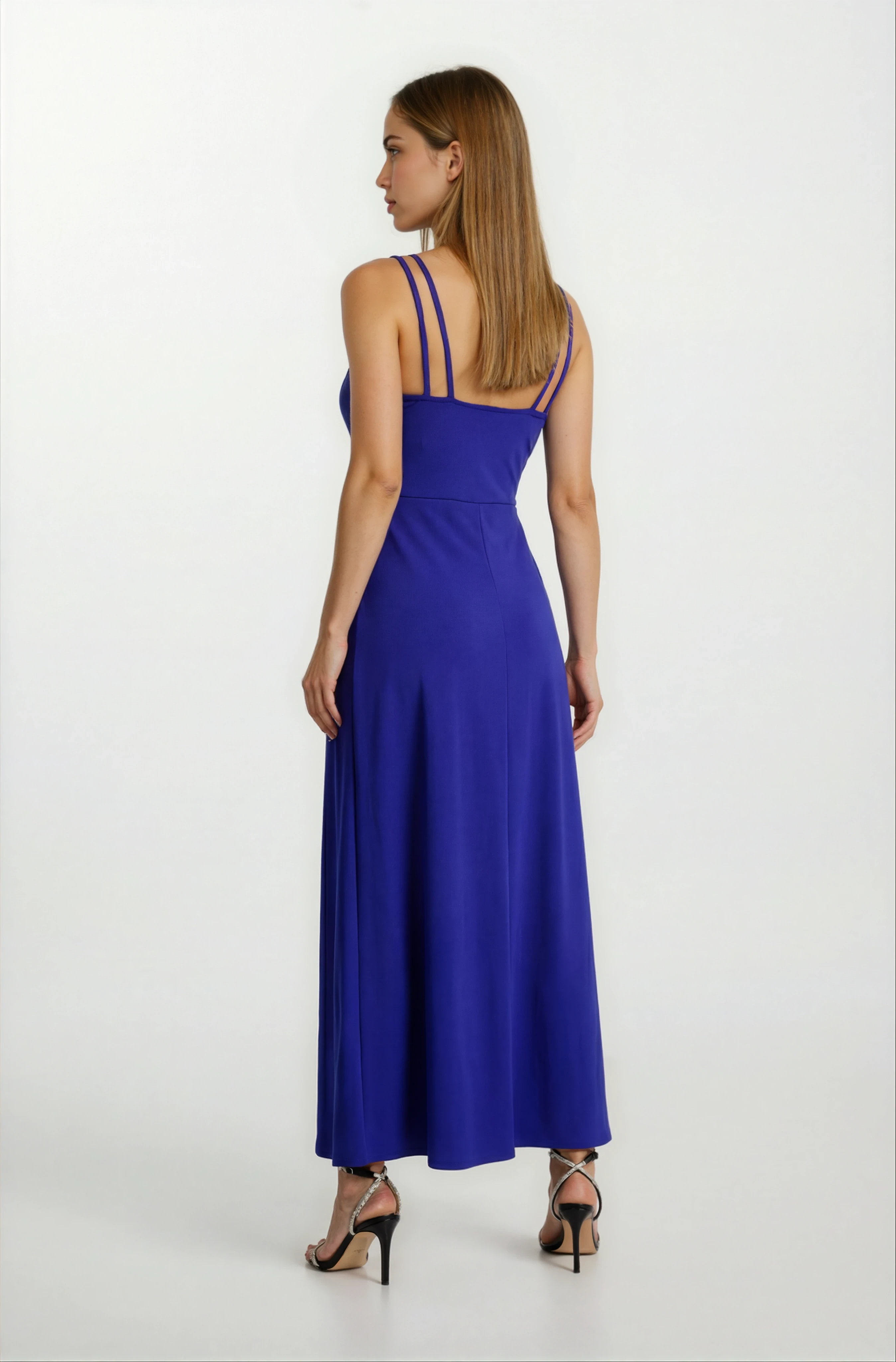 Clerioi Kruvaze İnce Askılı Yandan Parça Detaylı Uzun Abiye Elbise SAKS