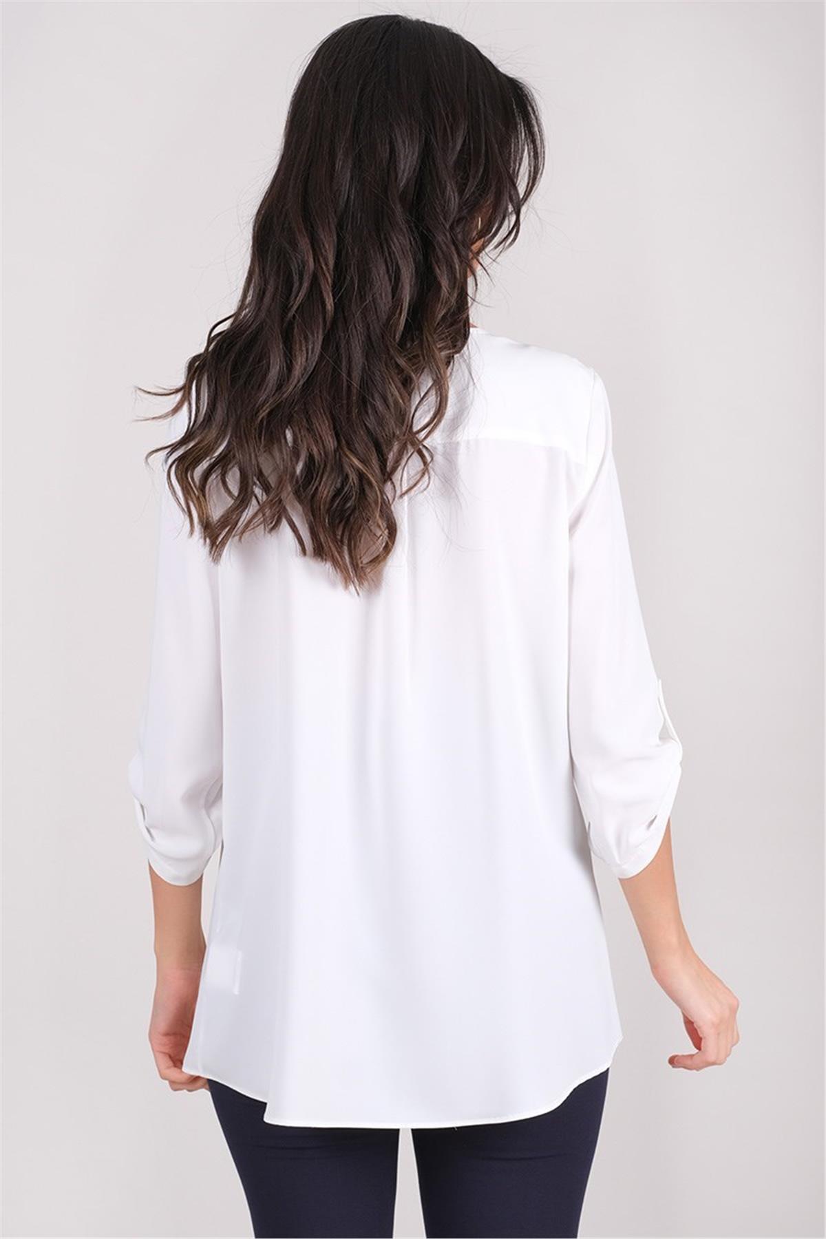 Cluskey V Yaka Katlamalı Kol Bluz EKRU