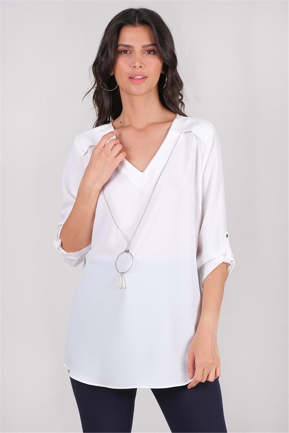 Cluskey V Yaka Katlamalı Kol Bluz EKRU
