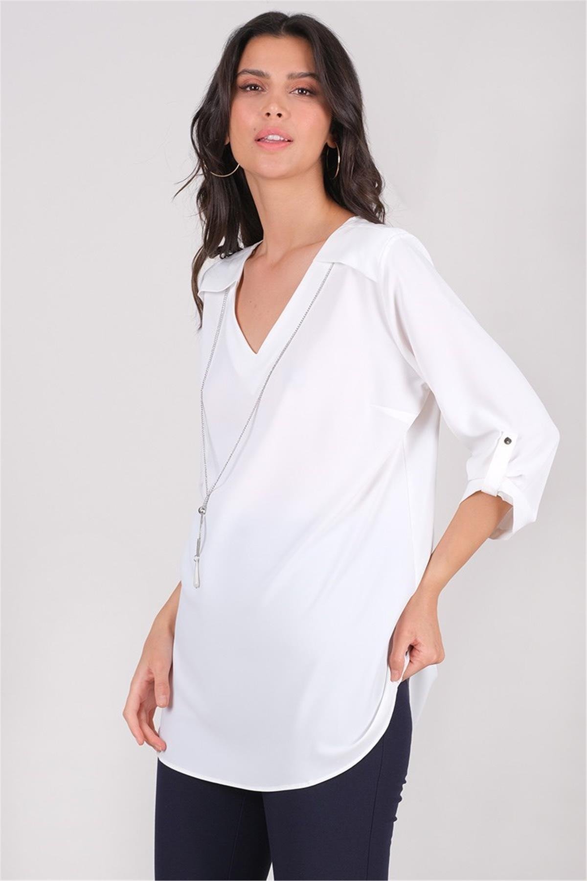 Cluskey V Yaka Katlamalı Kol Bluz EKRU