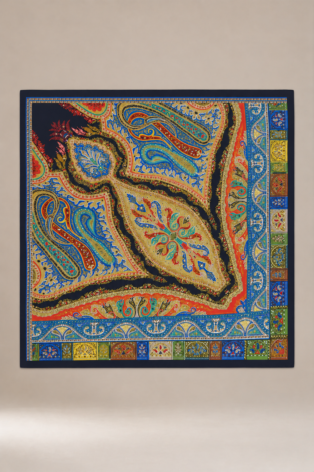 Çok Renkli Şaldesen Kenarları Bordürlü Şal 110 x 110 cm SİYAH