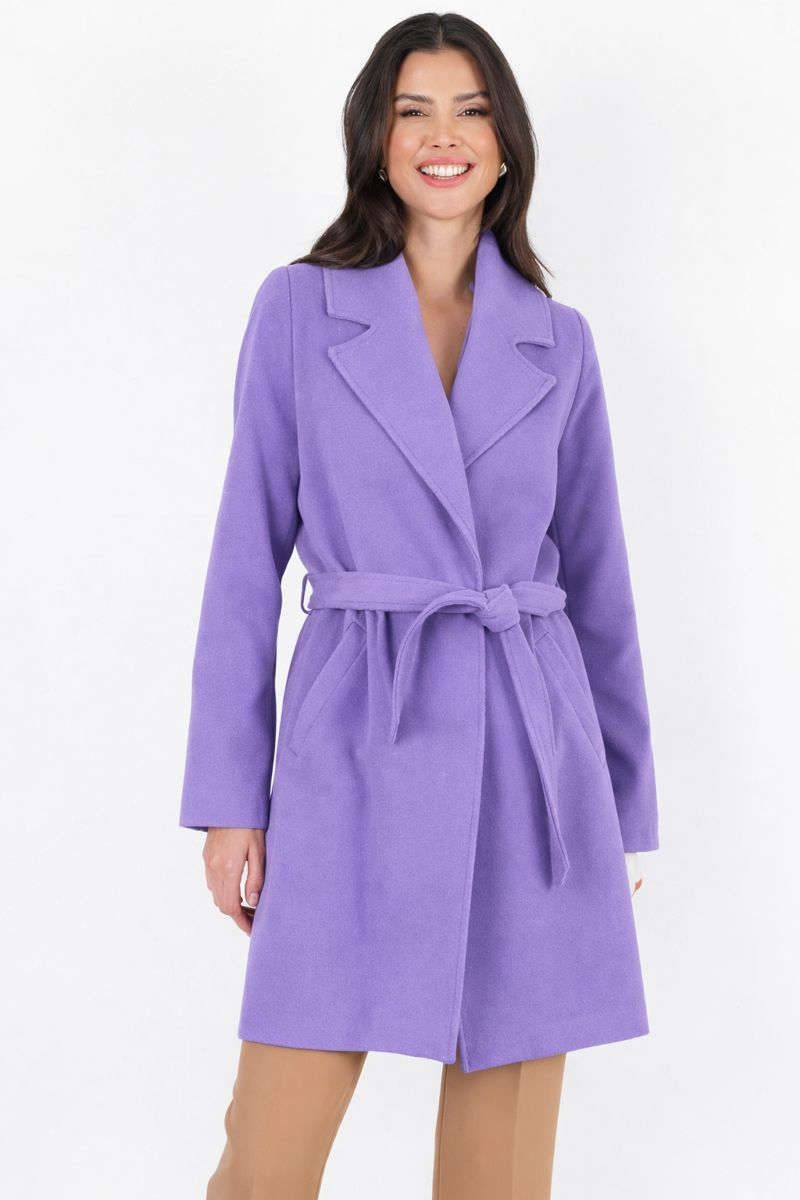 Cosmo Geniş Yaka Kruvaze Kuşaklı Kaban LİLA