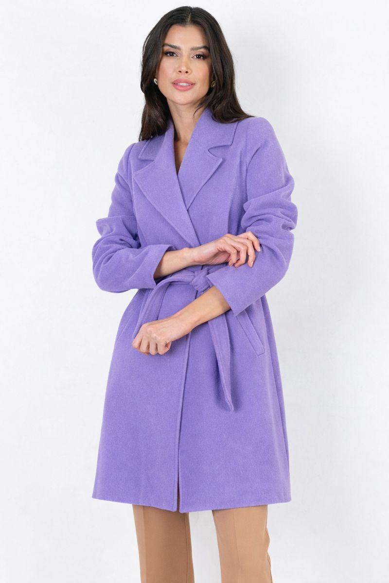 Cosmo Geniş Yaka Kruvaze Kuşaklı Kaban LİLA