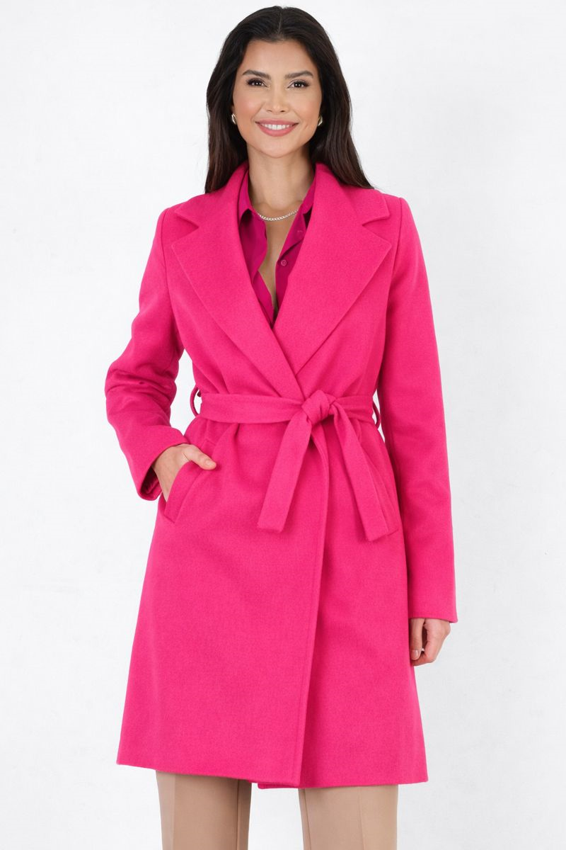 Cosmo Geniş Yaka Kruvaze Kuşaklı Kaban FUŞYA