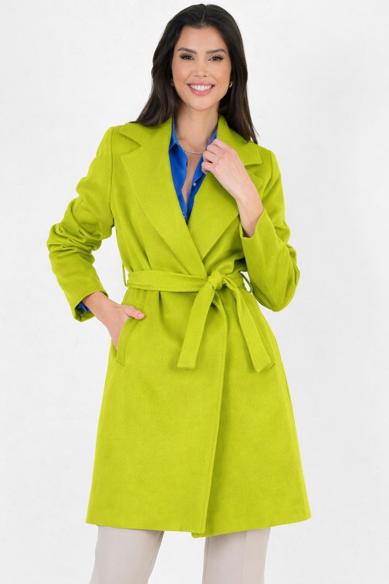 Cosmo Geniş Yaka Kruvaze Kuşaklı Kaban FISTIK YEŞİL