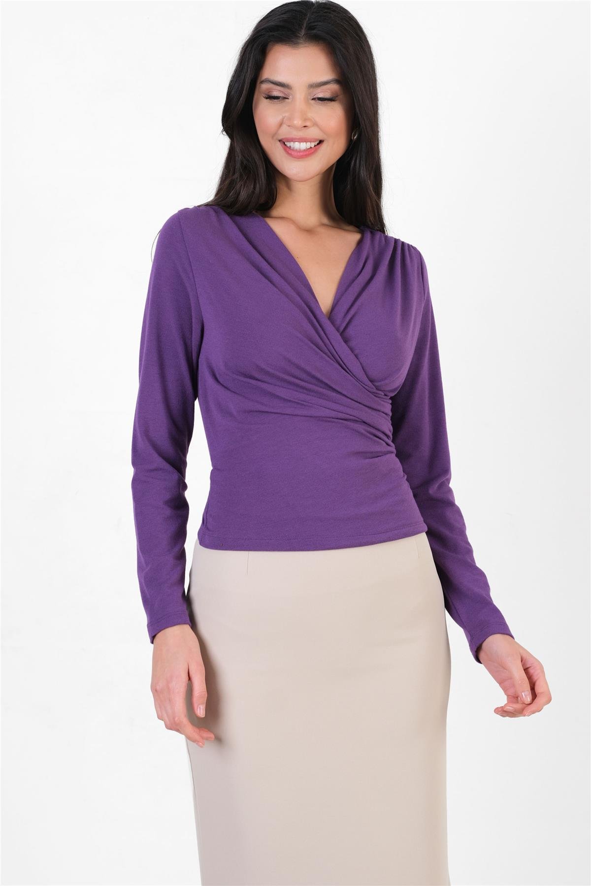 Crespino Kruvaze Yaka Yanı Büzgülü Bluz MOR