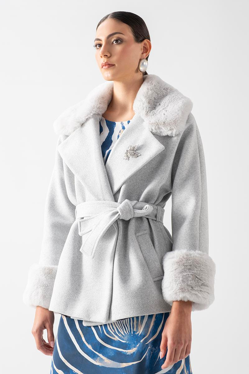 Crispolto Kruvaze Yakası Kolları Kürklü Kaban GRİ