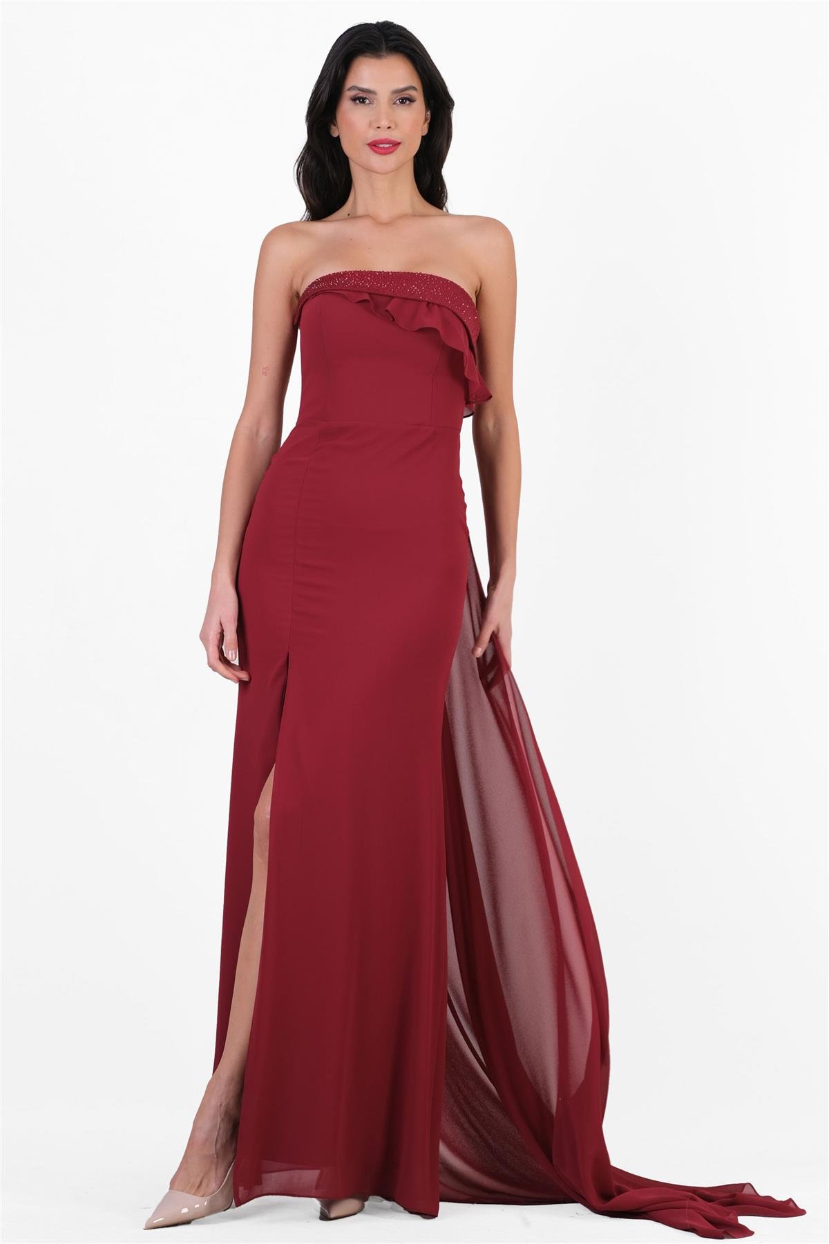 Crocina Devrik Straplez Yaka Taşlı Yırtmaçlı Uzun Abiye Elbise BORDO