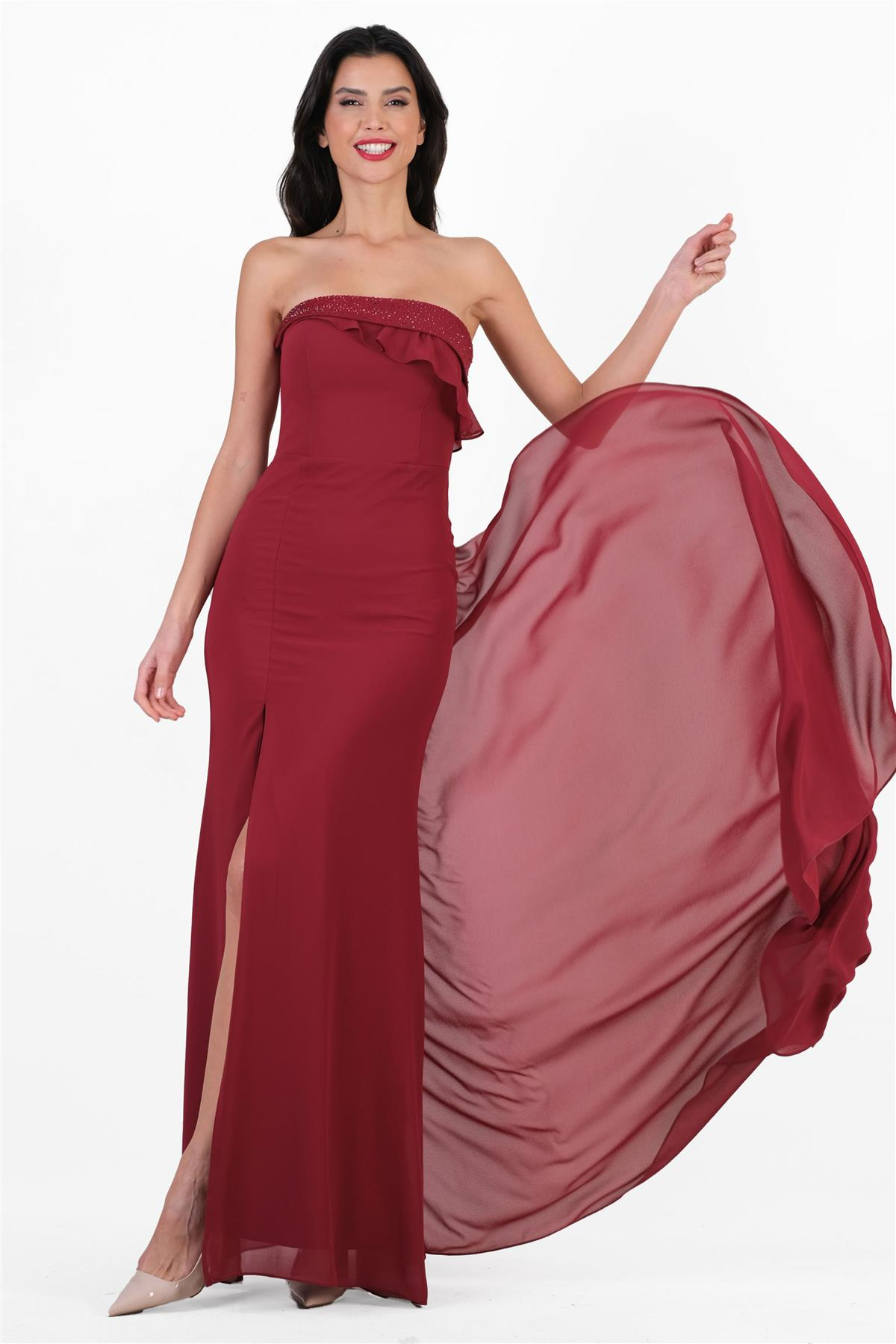 Crocina Devrik Straplez Yaka Taşlı Yırtmaçlı Uzun Abiye Elbise BORDO
