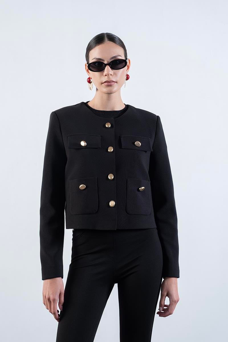 Dalciso Yakasız Cepli Düğmeli Kısa Ceket SİYAH