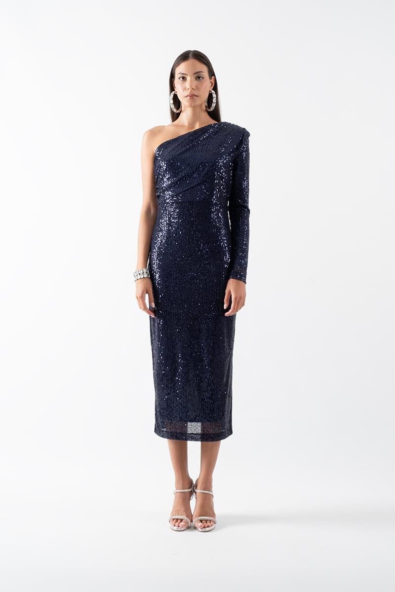 Dalmiro Tek Kol Omuz Büzgülü Straplez Kısa Abiye Elbise LACİVERT