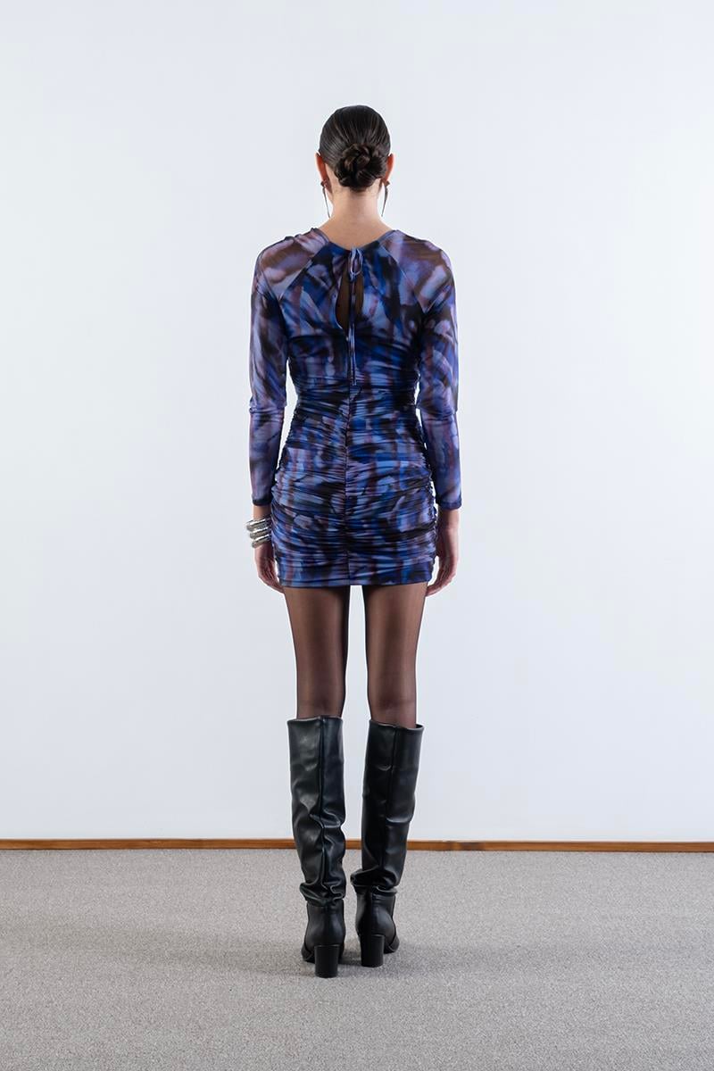 Damasca Yuvarlak Yaka Büzgülü Tül Elbise MOR