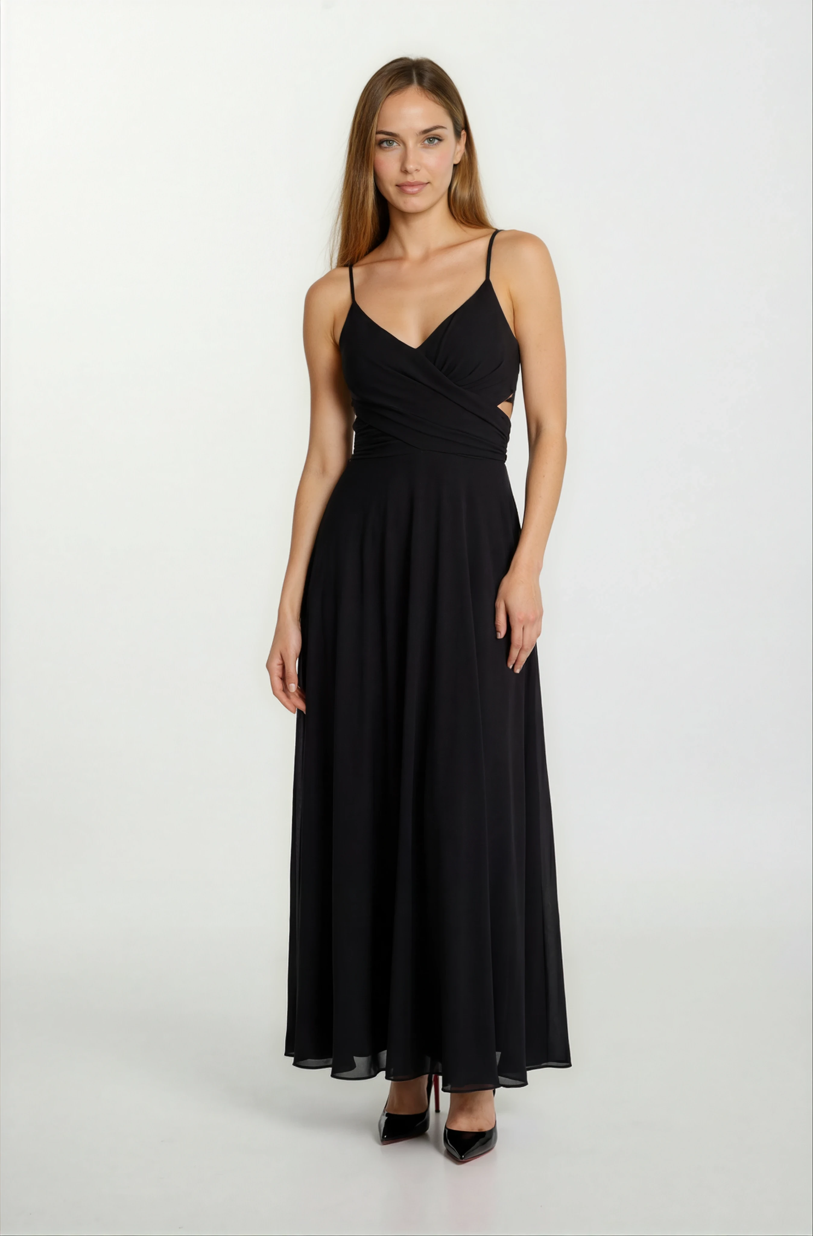 Dantino V Yaka Yırtmaçlı Bel Yanlar Açık Uzun Abiye Elbise SİYAH