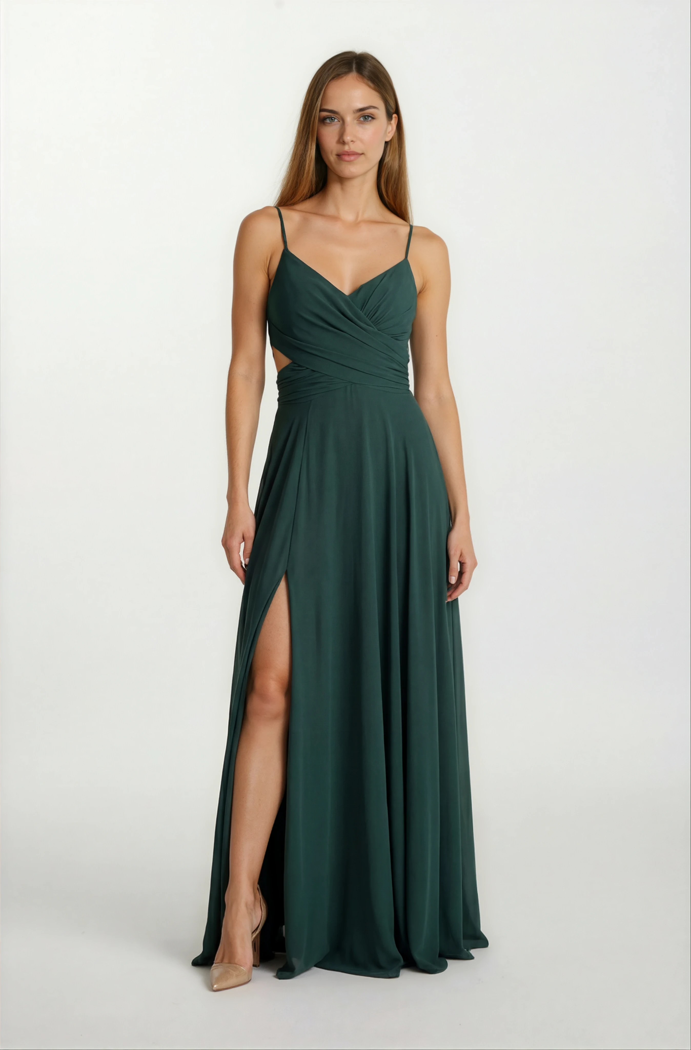 Dantino V Yaka Yırtmaçlı Bel Yanlar Açık Uzun Abiye Elbise YEŞİL