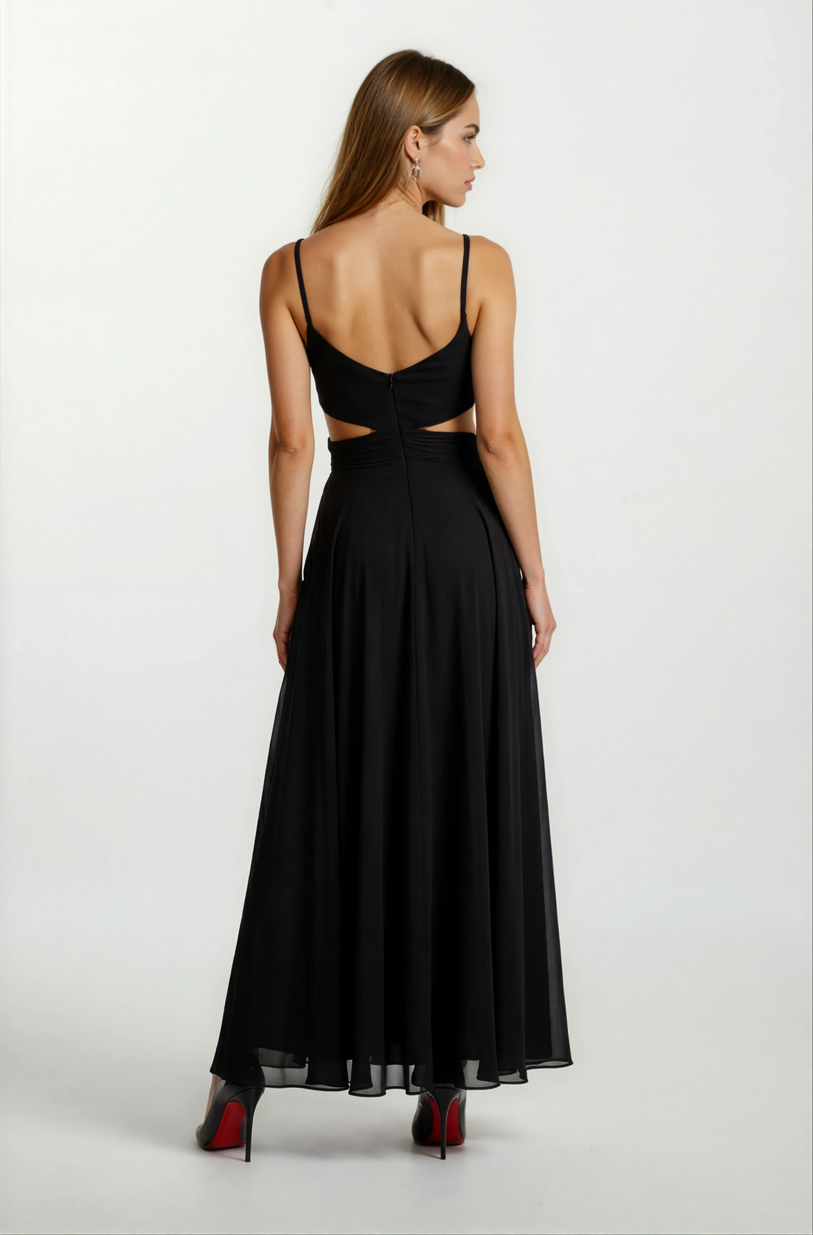 Dantino V Yaka Yırtmaçlı Bel Yanlar Açık Uzun Abiye Elbise SİYAH