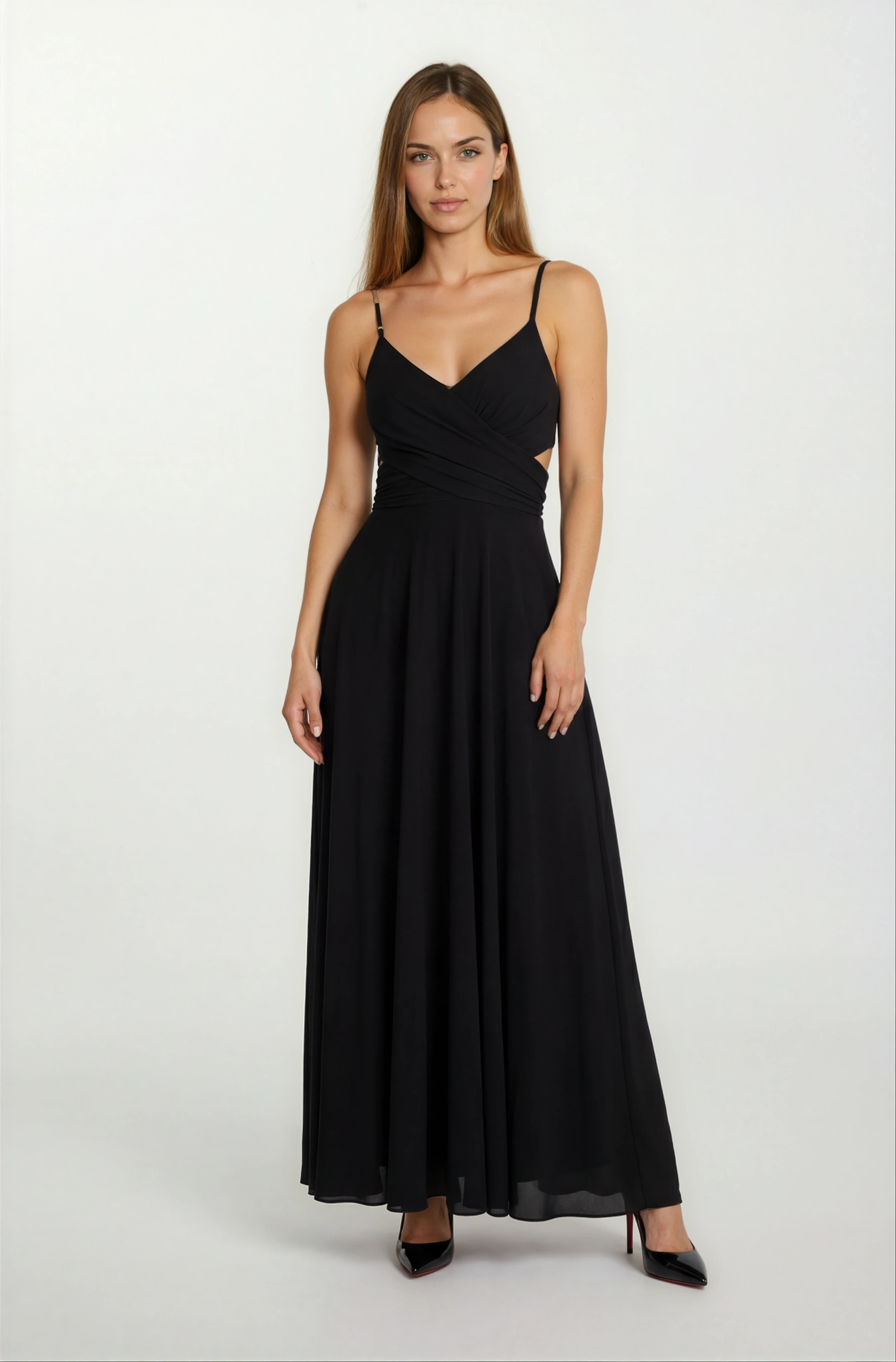 Dantino V Yaka Yırtmaçlı Bel Yanlar Açık Uzun Abiye Elbise SİYAH