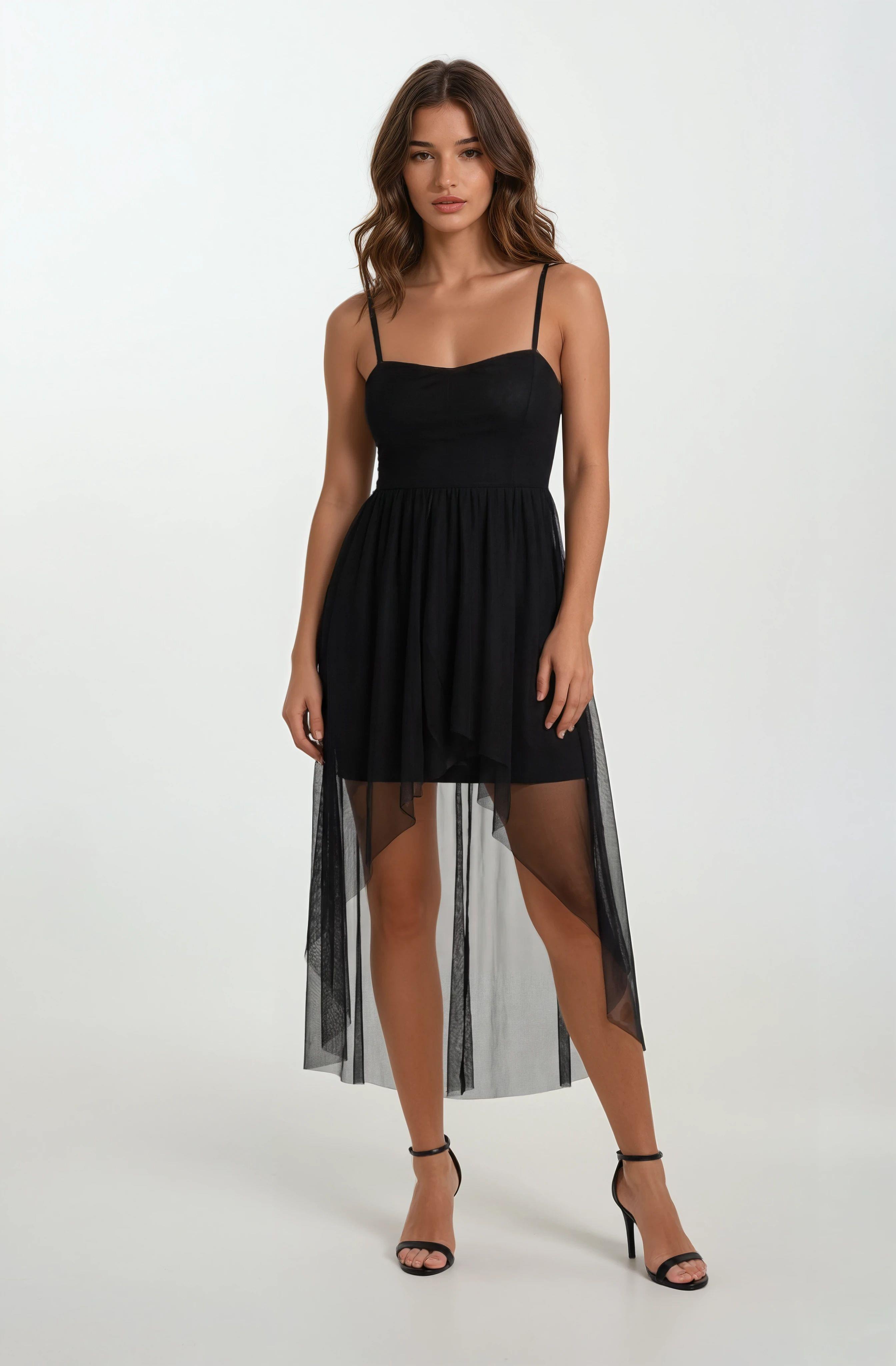 Darianna Kalp Yaka Askılı Önü Kısa Arkası Uzun Kısa Abiye Elbise SİYAH