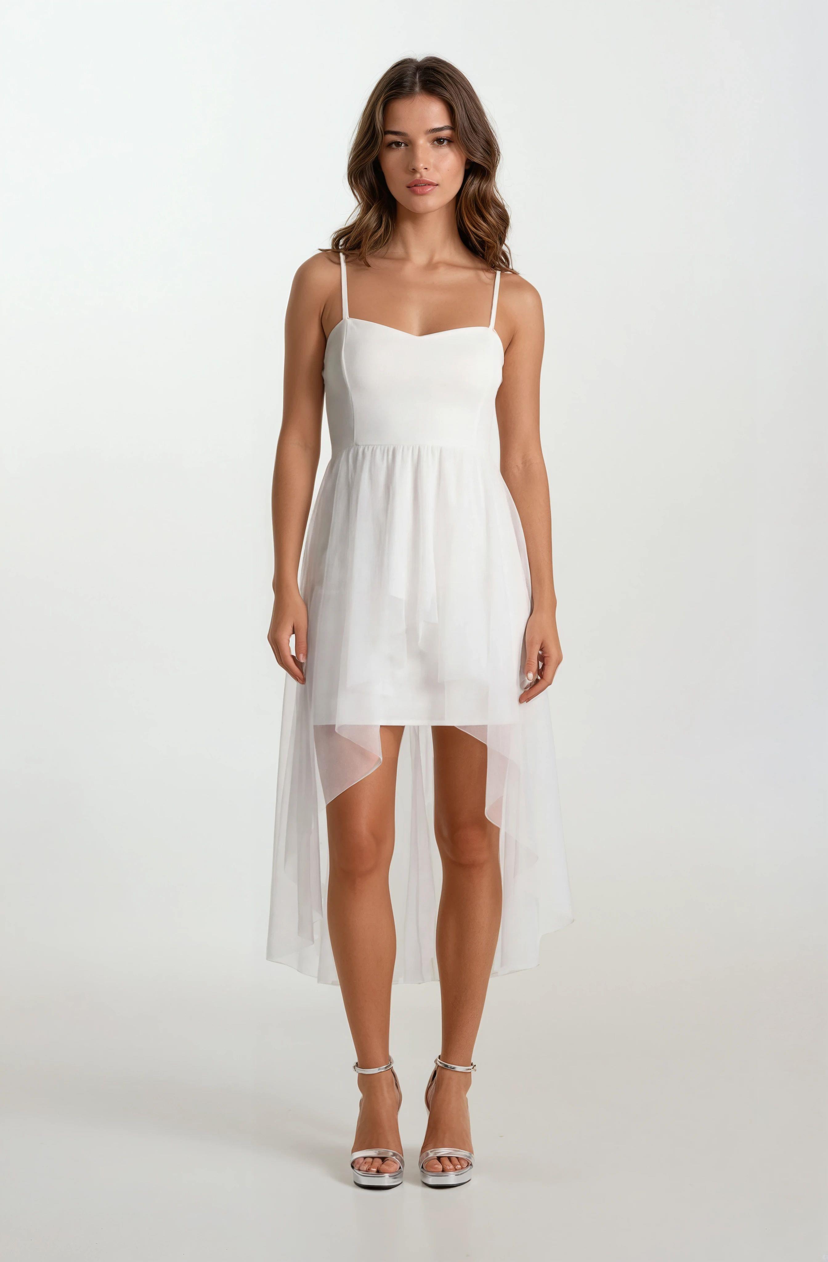 Darianna Kalp Yaka Askılı Önü Kısa Arkası Uzun Kısa Abiye Elbise BEYAZ