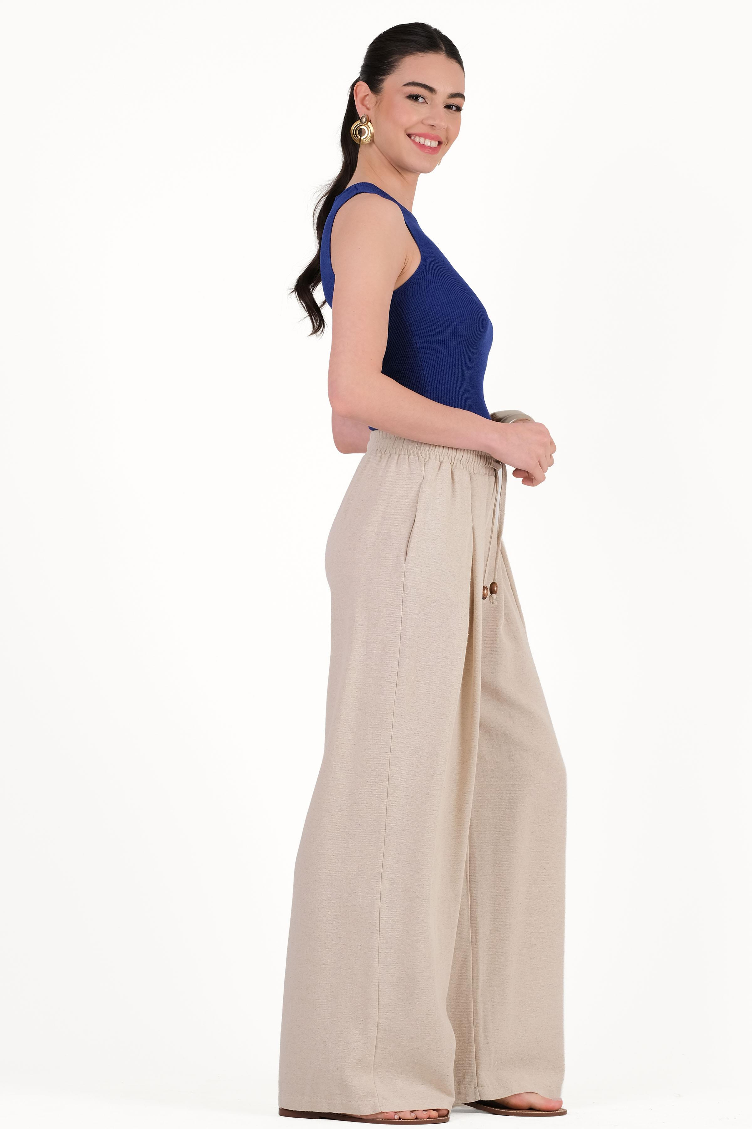 Darina A Pileli Beli Lastikli Salaş Pantolon BEJ