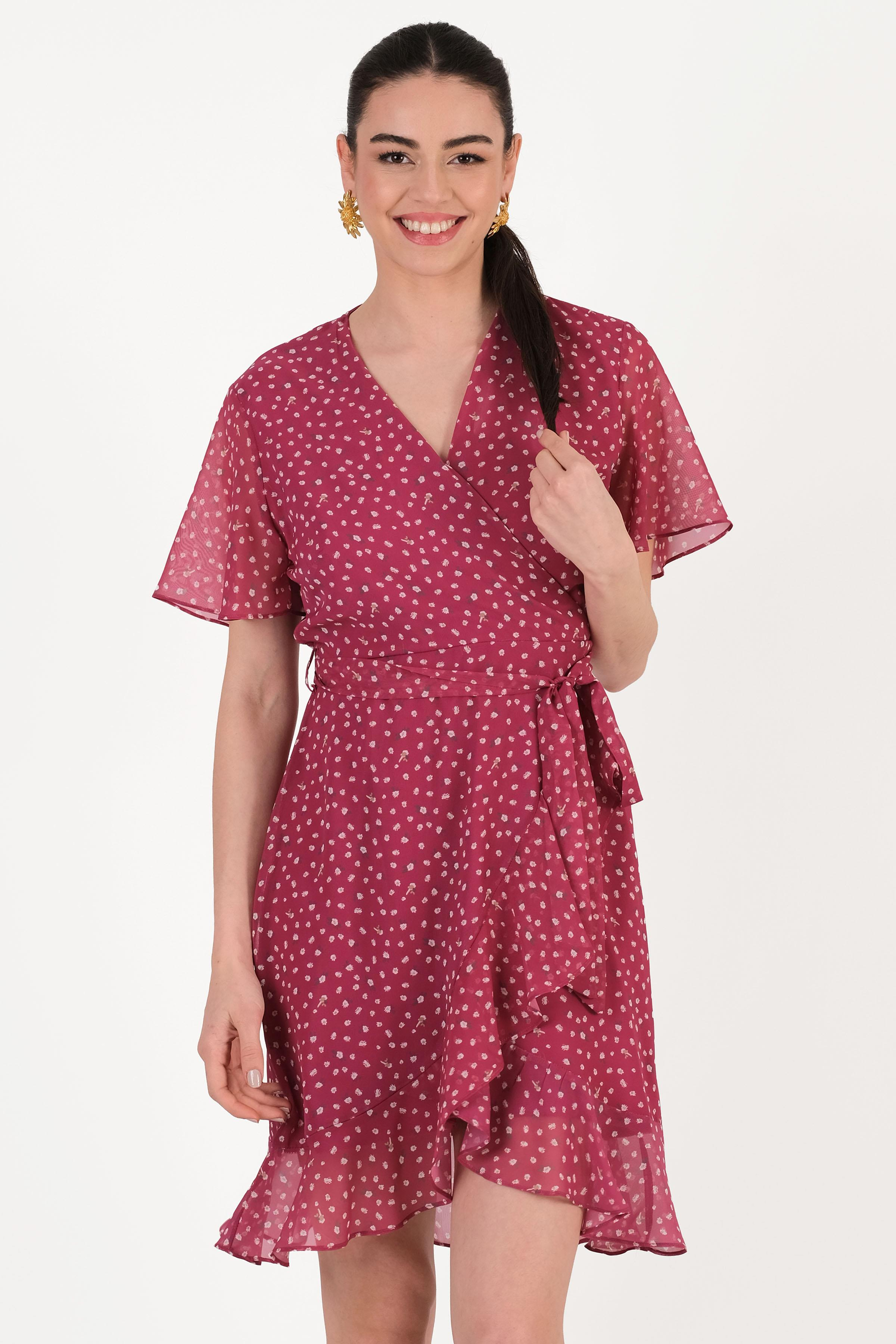 Davida Kruvaze Yaka Volanlı Elbise FUŞYA