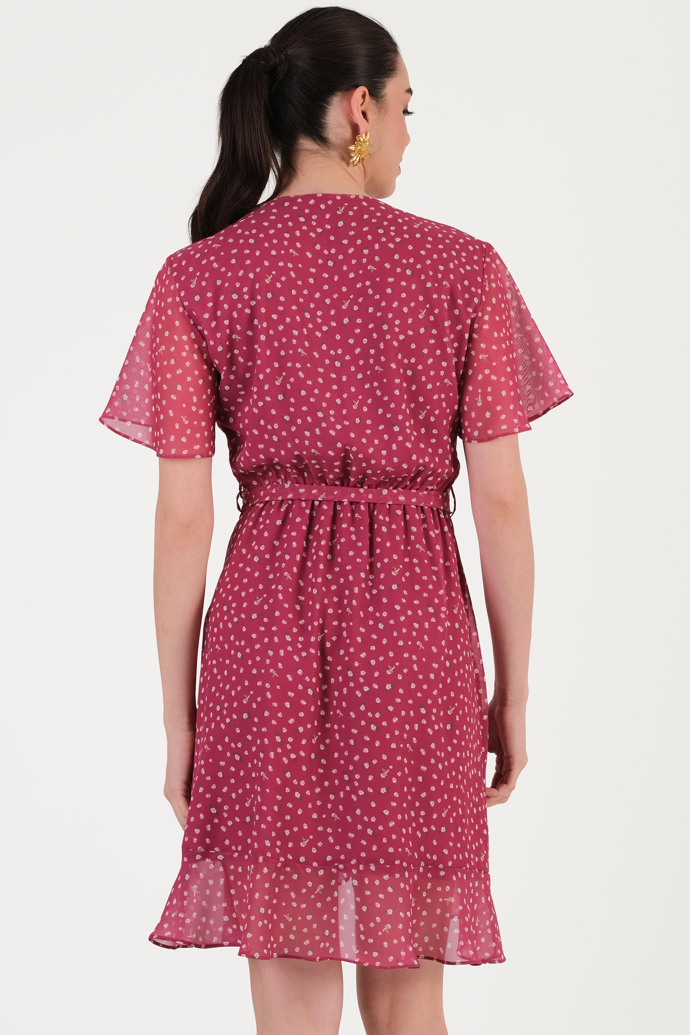 Davida Kruvaze Yaka Volanlı Elbise FUŞYA