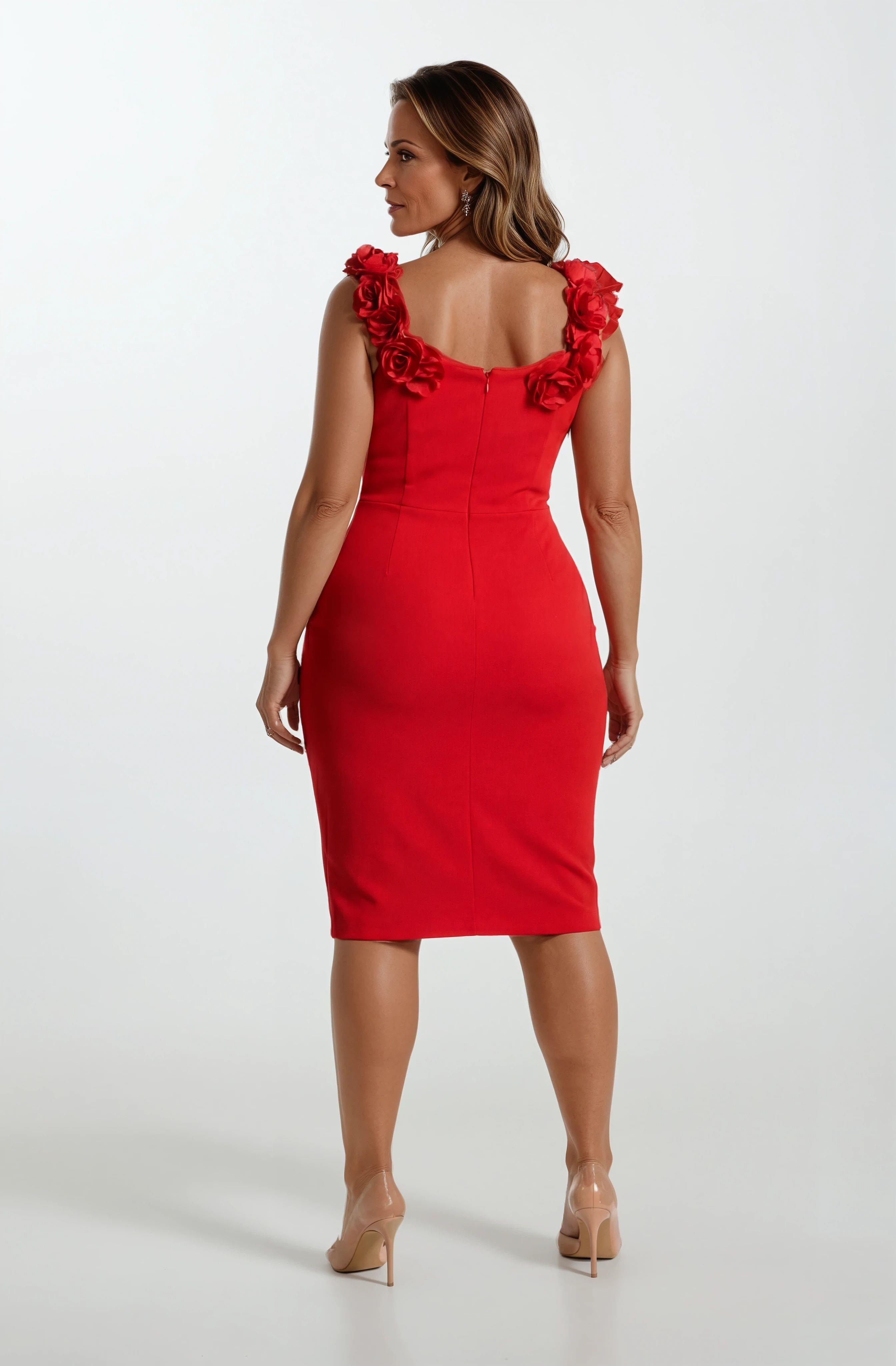 Deana Kayık Yaka Çiçekli Boncuk Detaylı Yırtmaçlı Kısa Abiye Elbise KIRMIZI