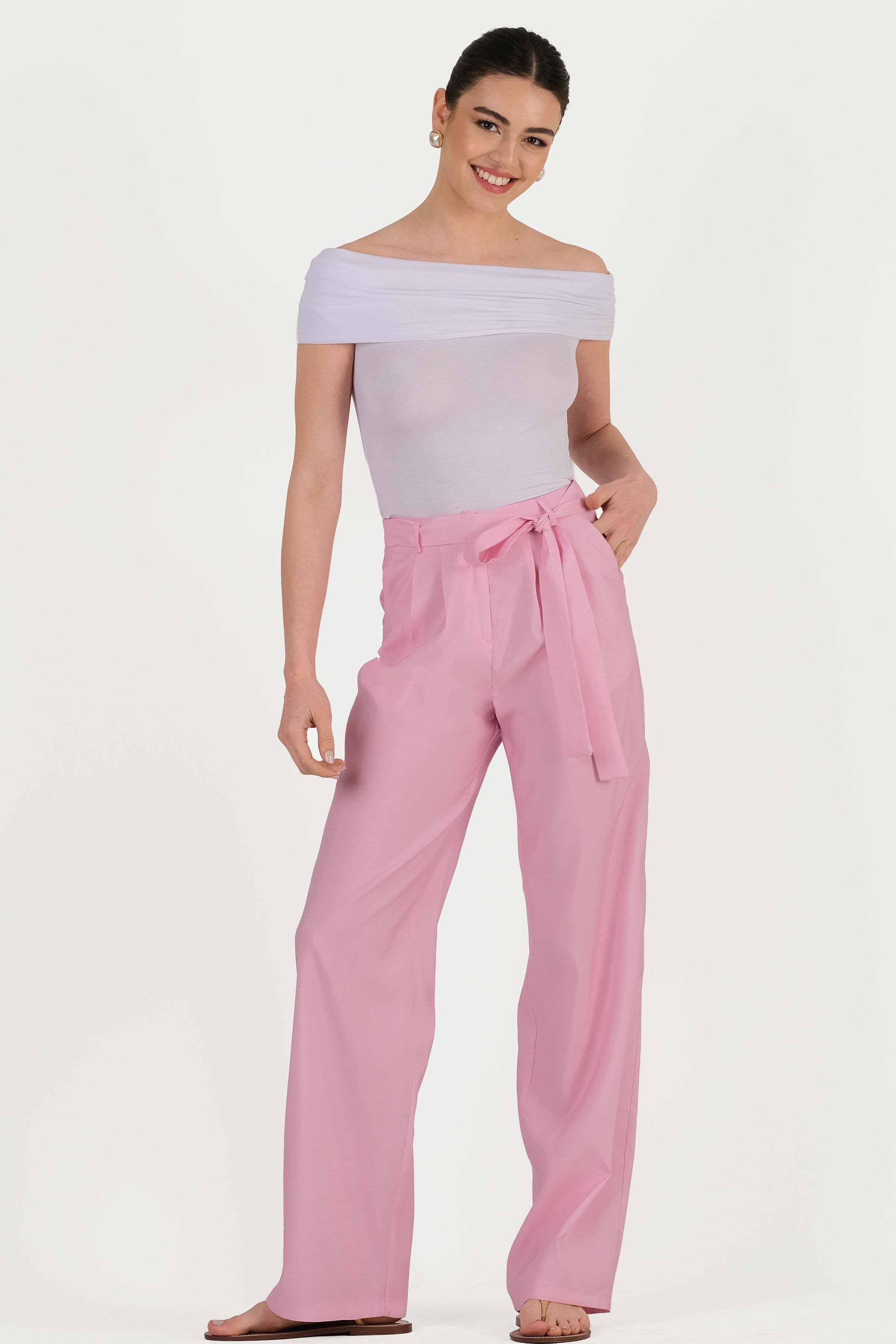Debora Yüksek Bel Pileli Kuşaklı Pantolon PEMBE