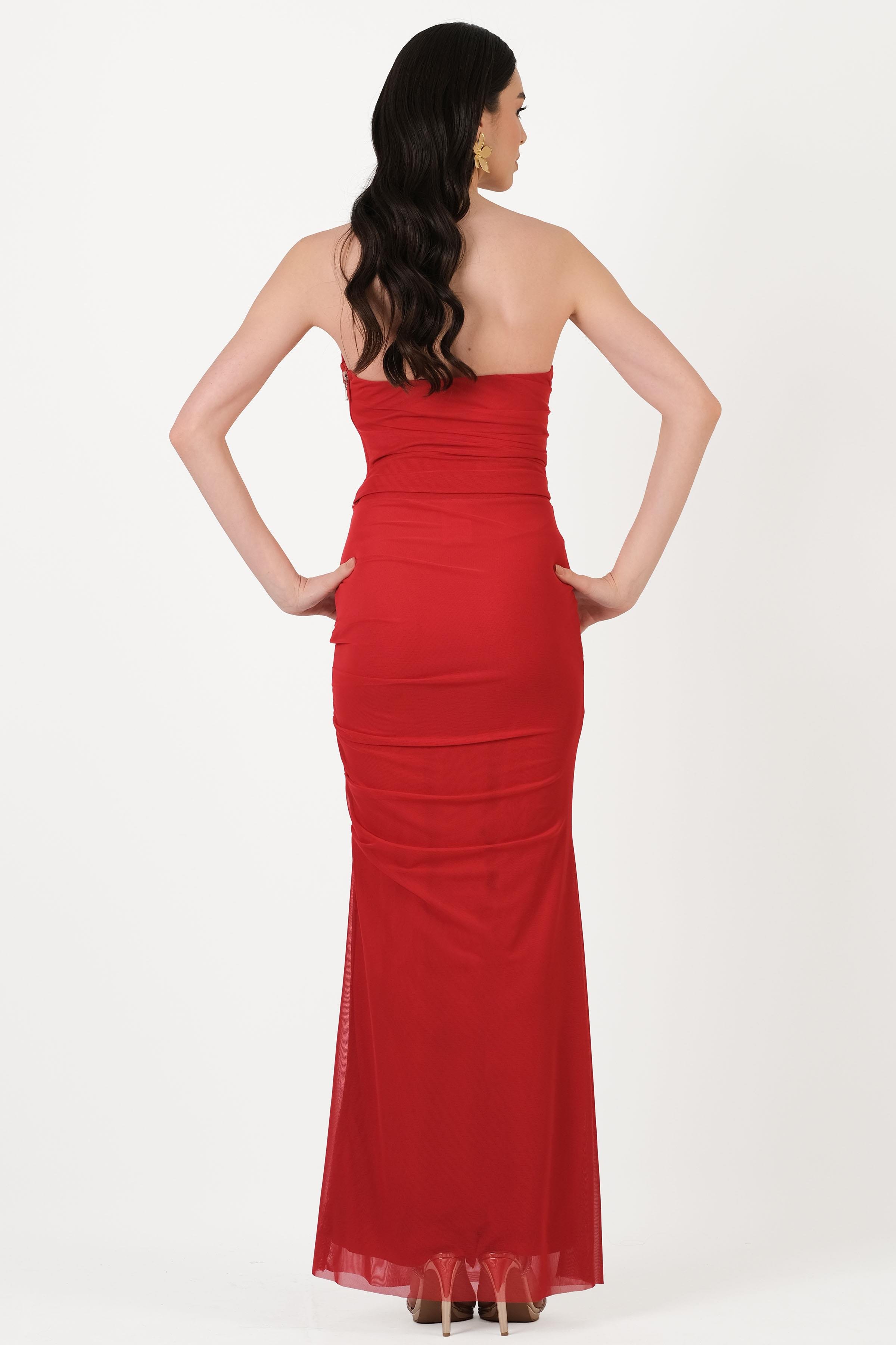 Decima Metal Fermuarlı Straplez  Bustiyer Yanı  Büzgülü Etek Takım KIRMIZI