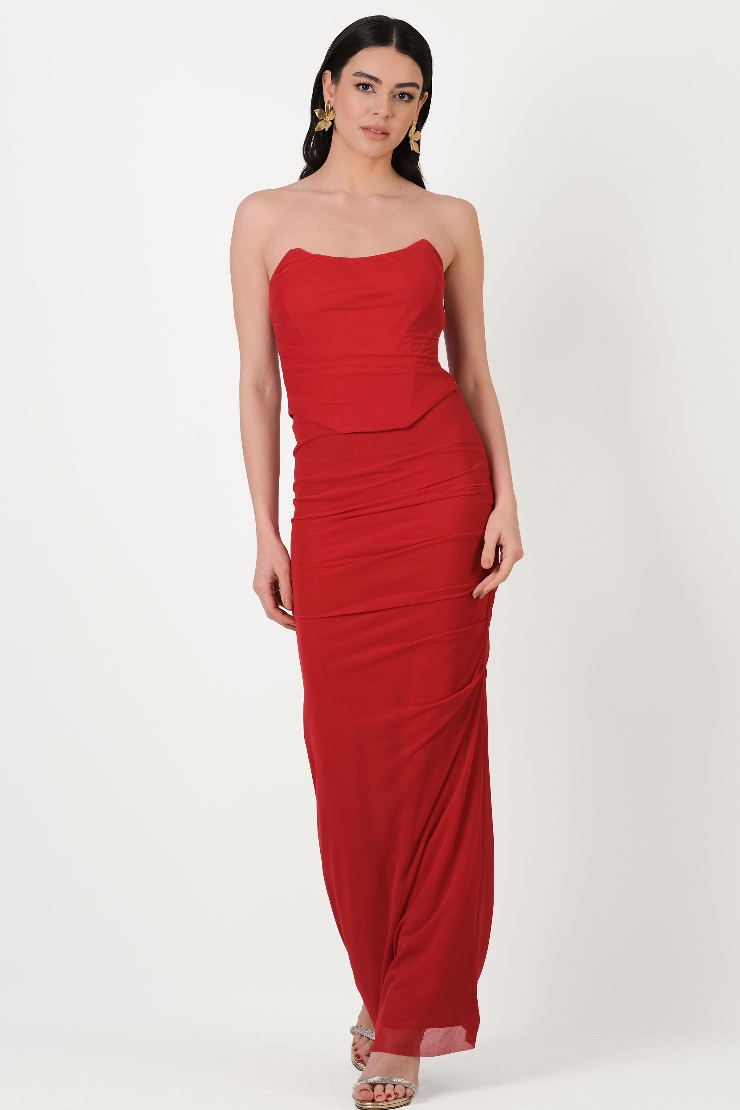 Decima Metal Fermuarlı Straplez  Bustiyer Yanı  Büzgülü Etek Takım KIRMIZI