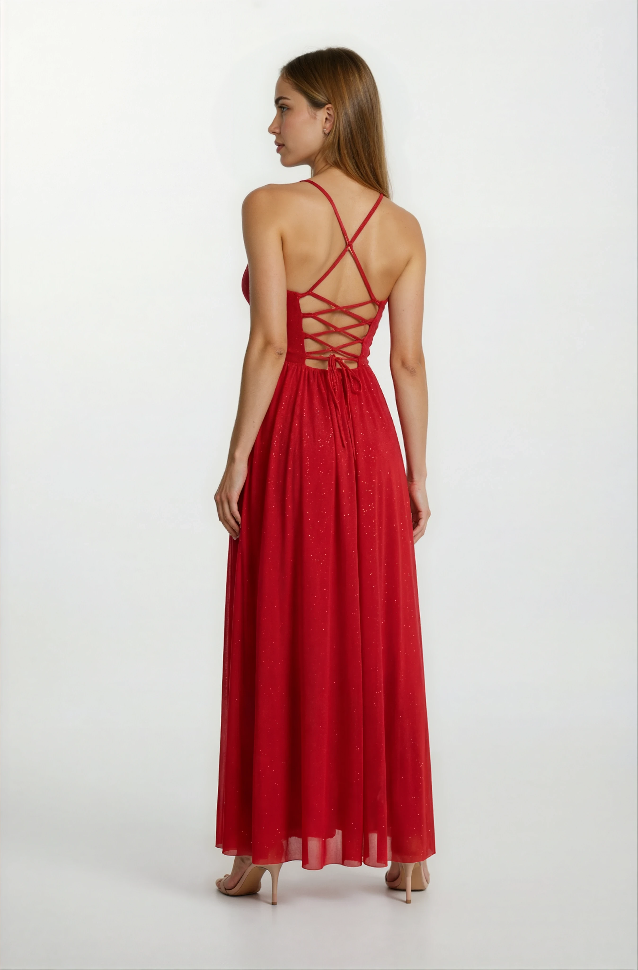 Decio Korsajlı Sırt Çarpraz Bağlamalı İnce Askılı Yırtmaçlı Uzun Abiye Elbise KIRMIZI