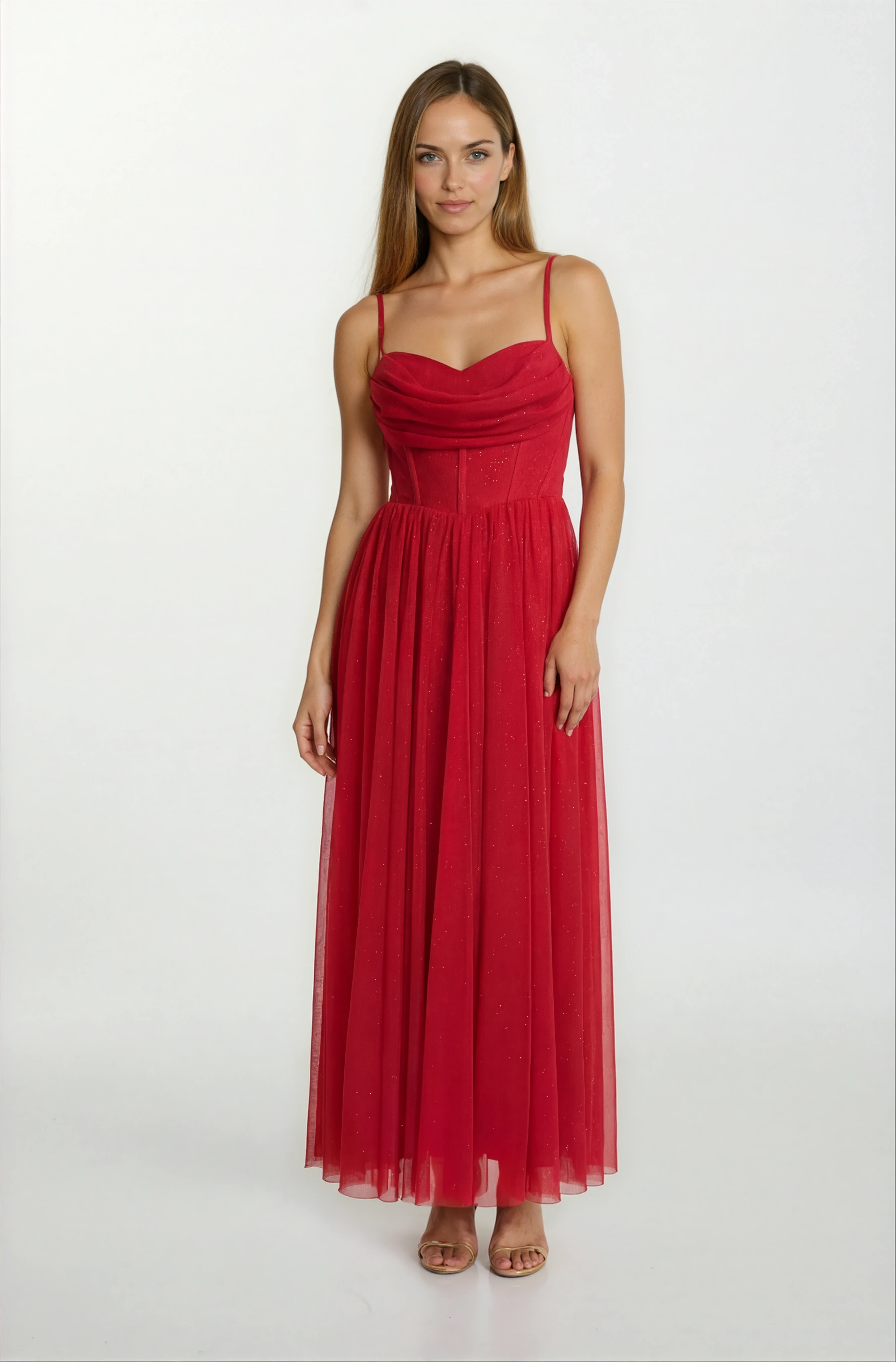 Decio Korsajlı Sırt Çarpraz Bağlamalı İnce Askılı Yırtmaçlı Uzun Abiye Elbise KIRMIZI