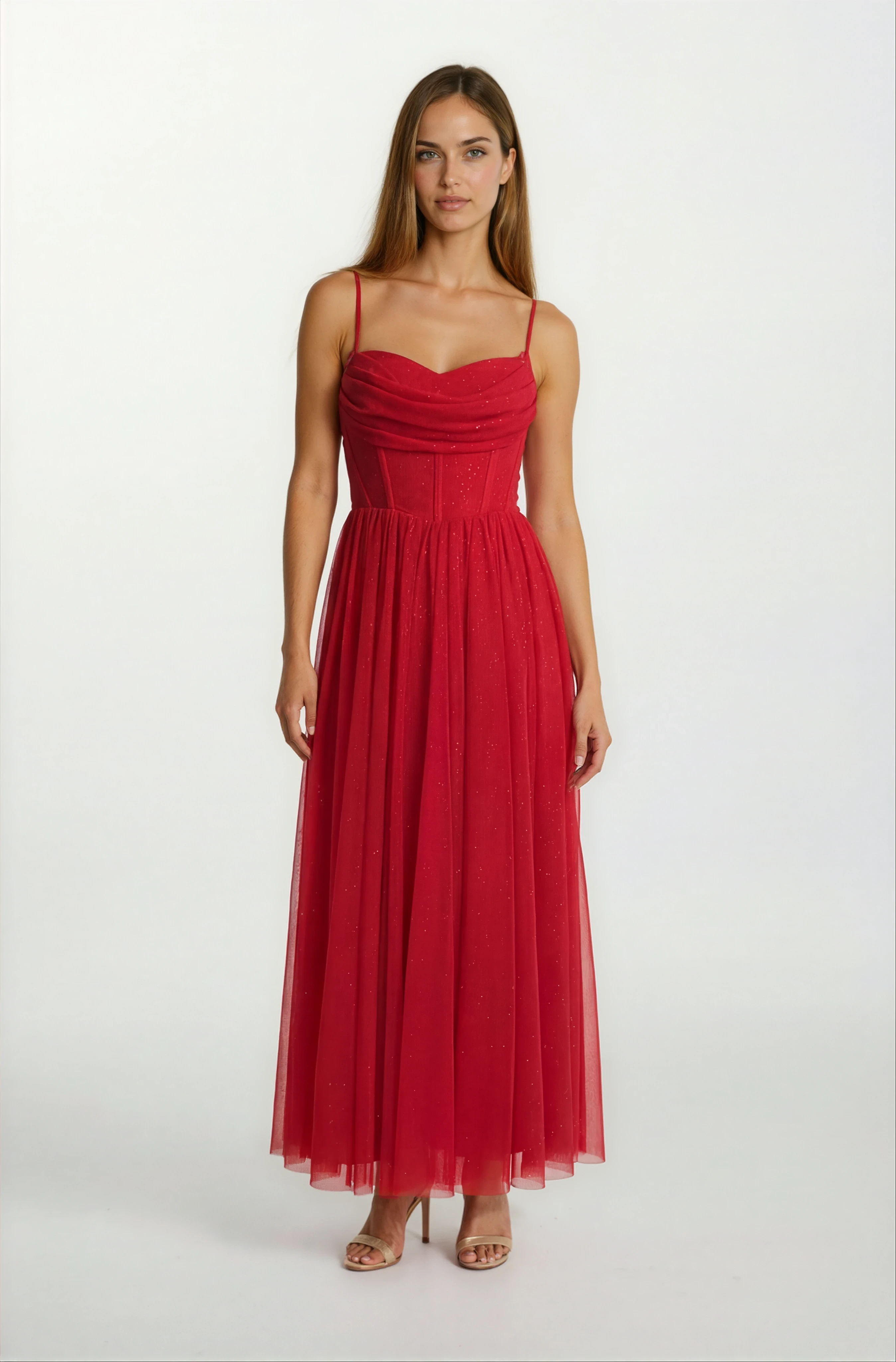 Decio Korsajlı Sırt Çarpraz Bağlamalı İnce Askılı Yırtmaçlı Uzun Abiye Elbise KIRMIZI