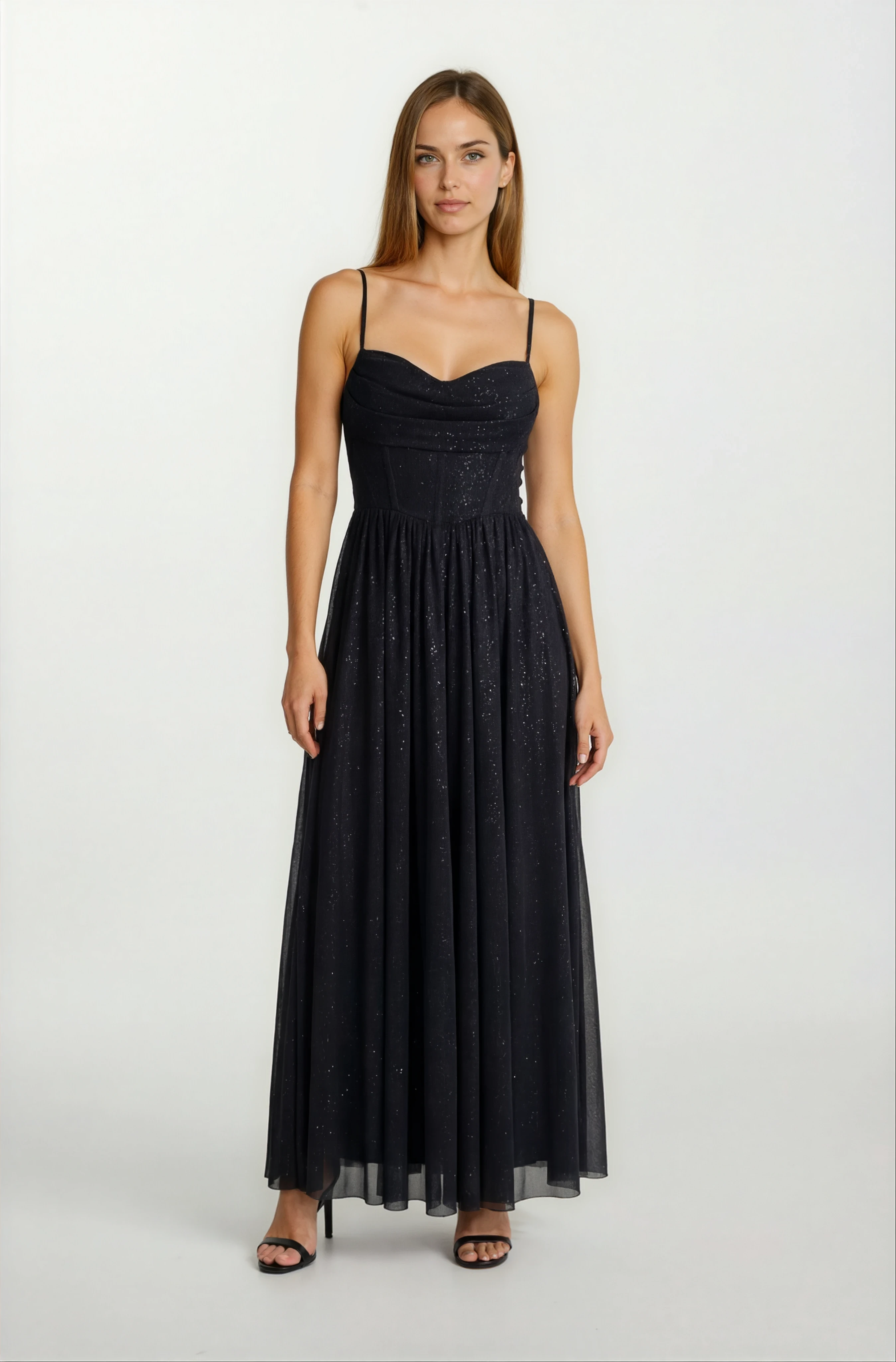 Decio Korsajlı Sırt Çarpraz Bağlamalı İnce Askılı Yırtmaçlı Uzun Abiye Elbise SİYAH