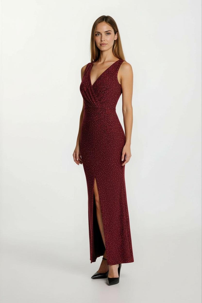 Deglia Kruvaze Asimetrik Taşlı Uzun Abiye Elbise BORDO