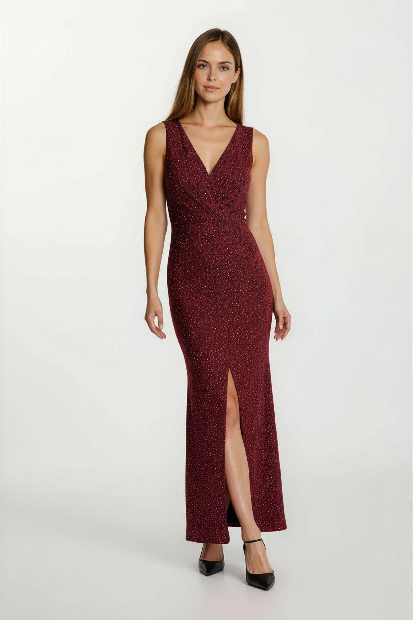 Deglia Kruvaze Asimetrik Taşlı Uzun Abiye Elbise BORDO