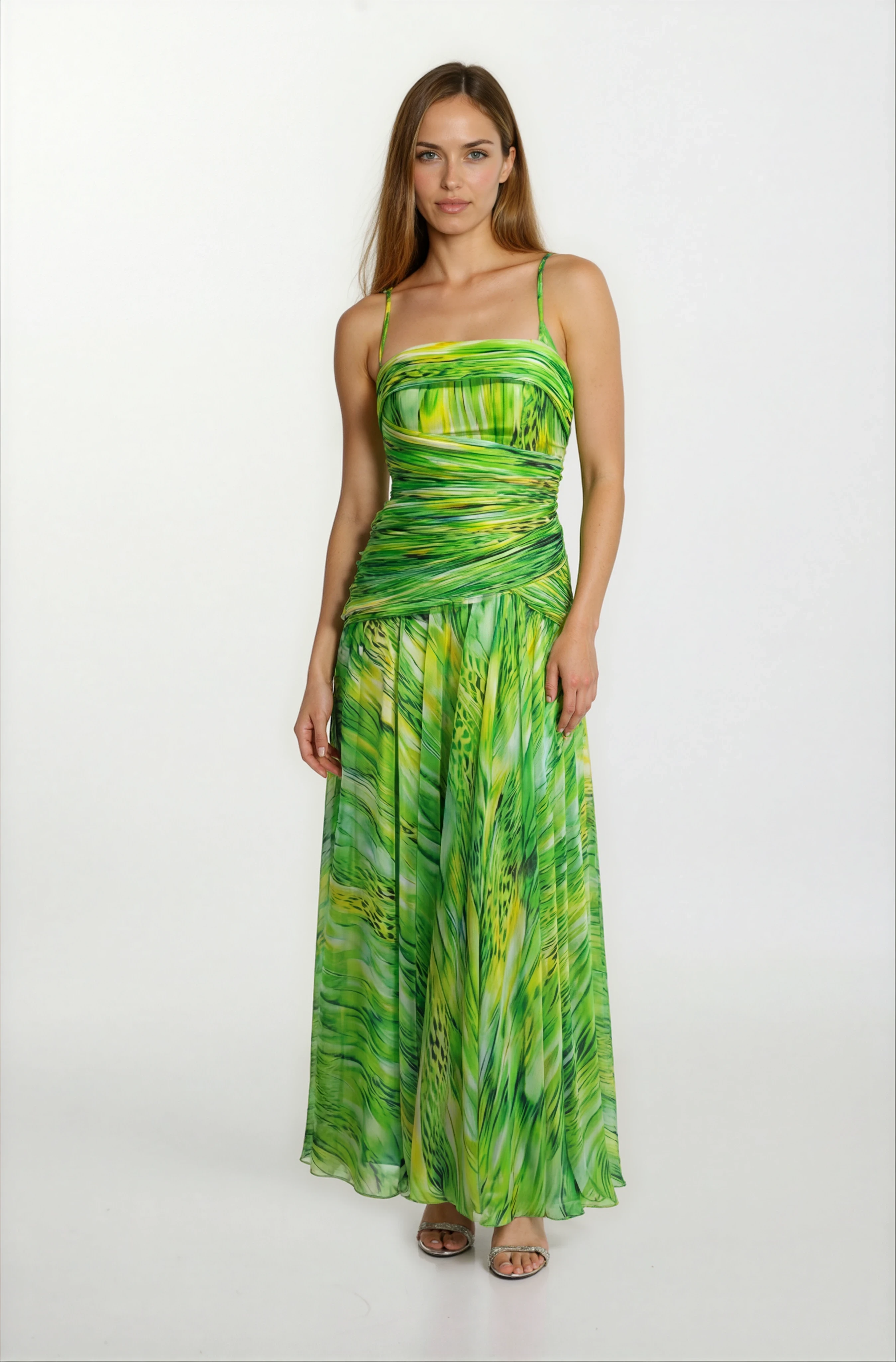 Degna Straplez Yaka Göğüs Piliseli Uzun Abiye Elbise YEŞİL