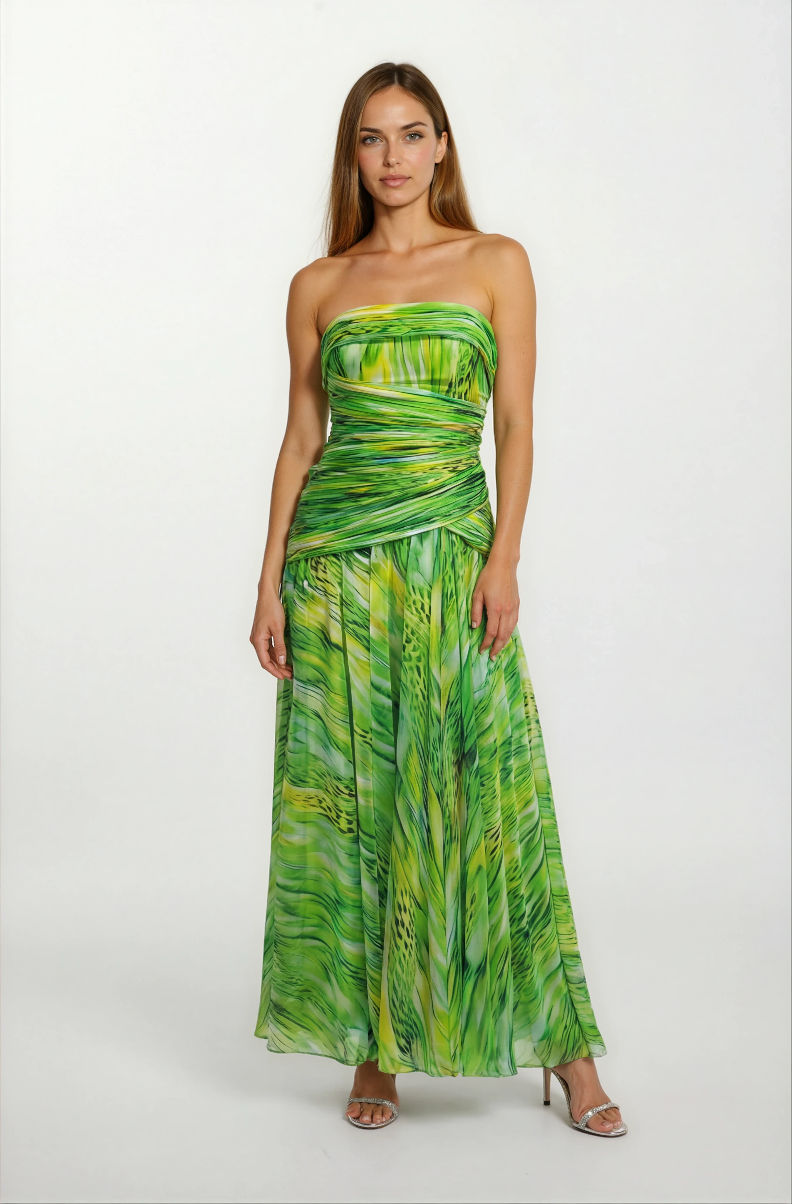 Degna Straplez Yaka Göğüs Piliseli Uzun Abiye Elbise YEŞİL