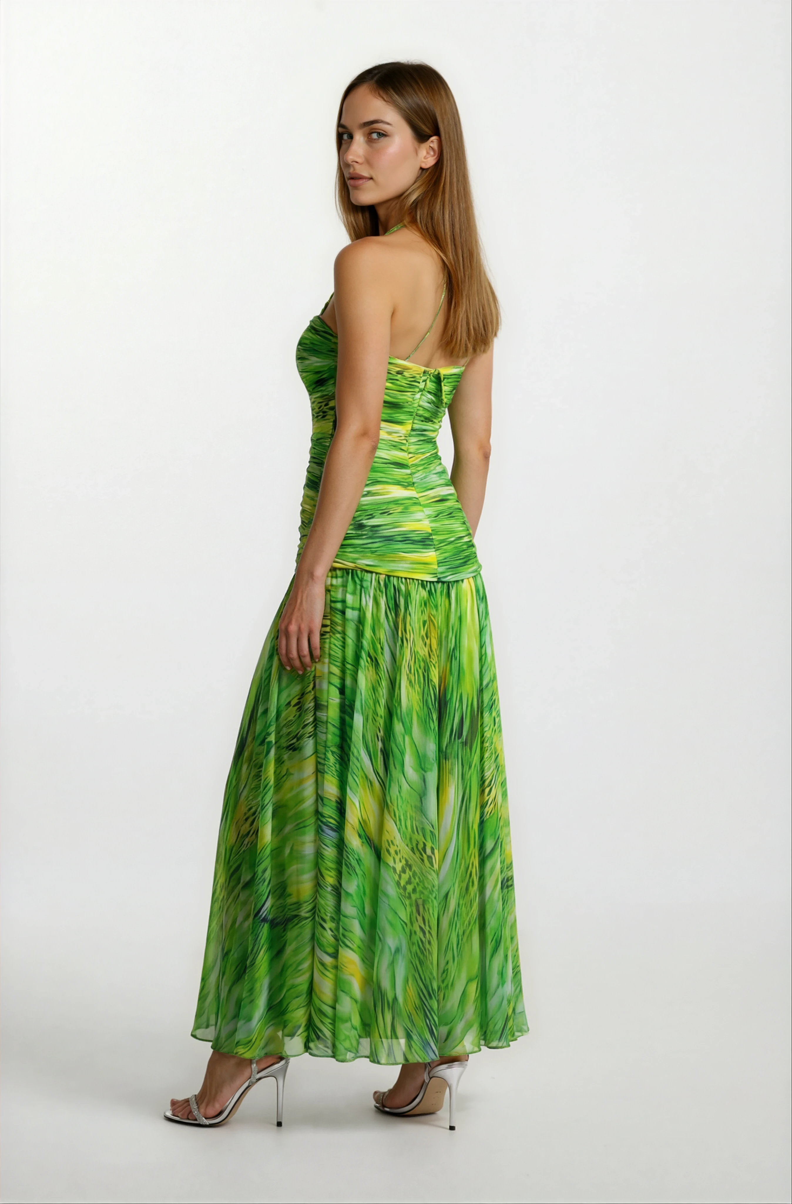 Degna Straplez Yaka Göğüs Piliseli Uzun Abiye Elbise YEŞİL