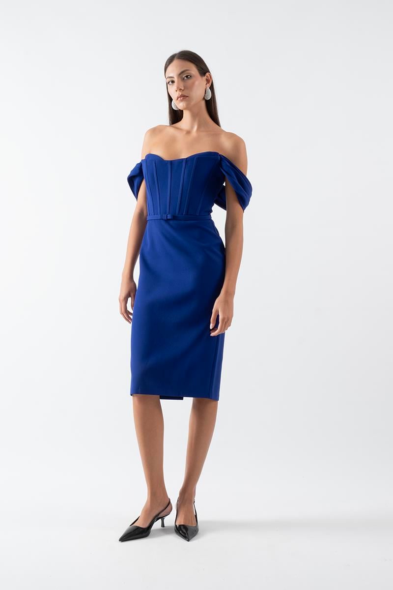 Delfa Straplez Düşük Kol Fiyonk Kemerli Kısa Abiye Elbise SAKS