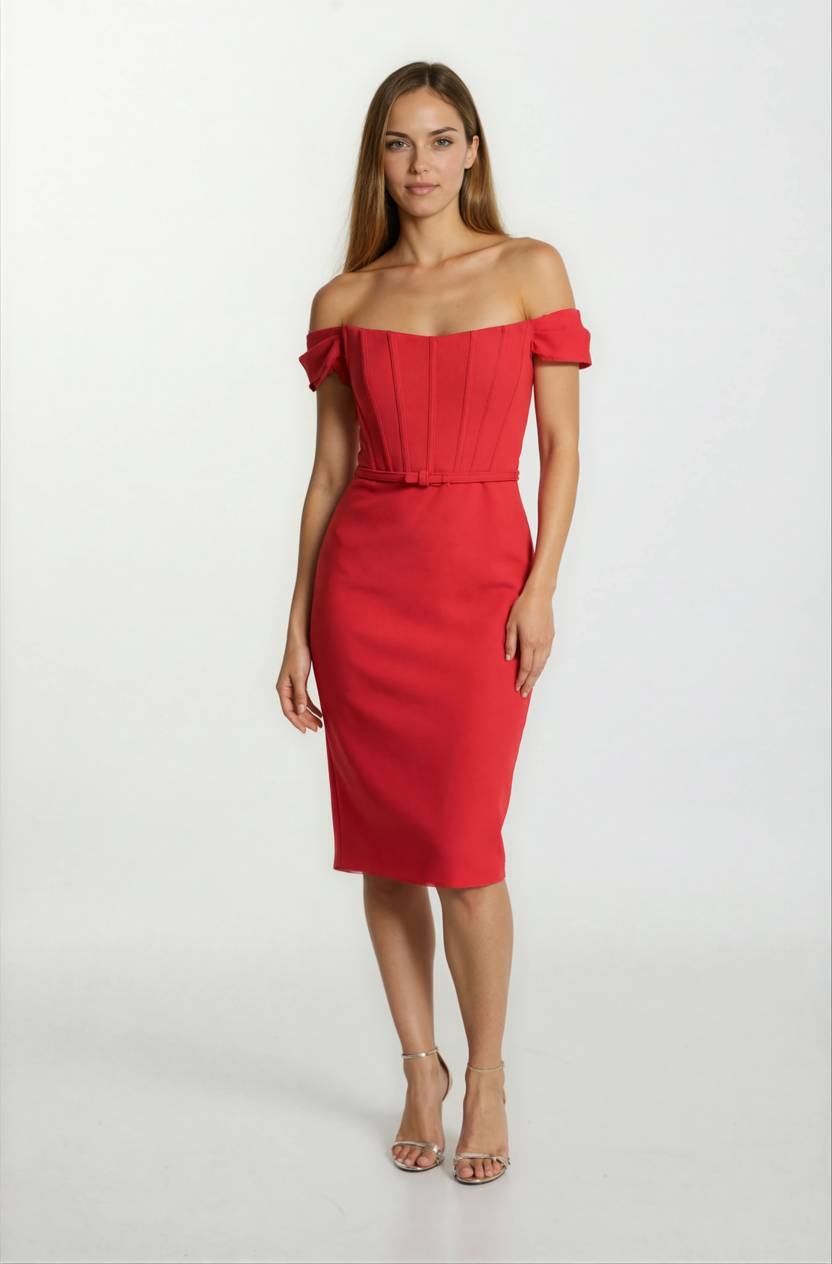 Delfa Straplez Düşük Kol Fiyonk Kemerli Kısa Abiye Elbise KIRMIZI