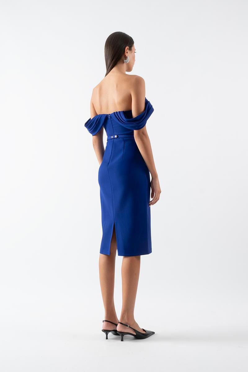 Delfa Straplez Düşük Kol Fiyonk Kemerli Kısa Abiye Elbise SAKS